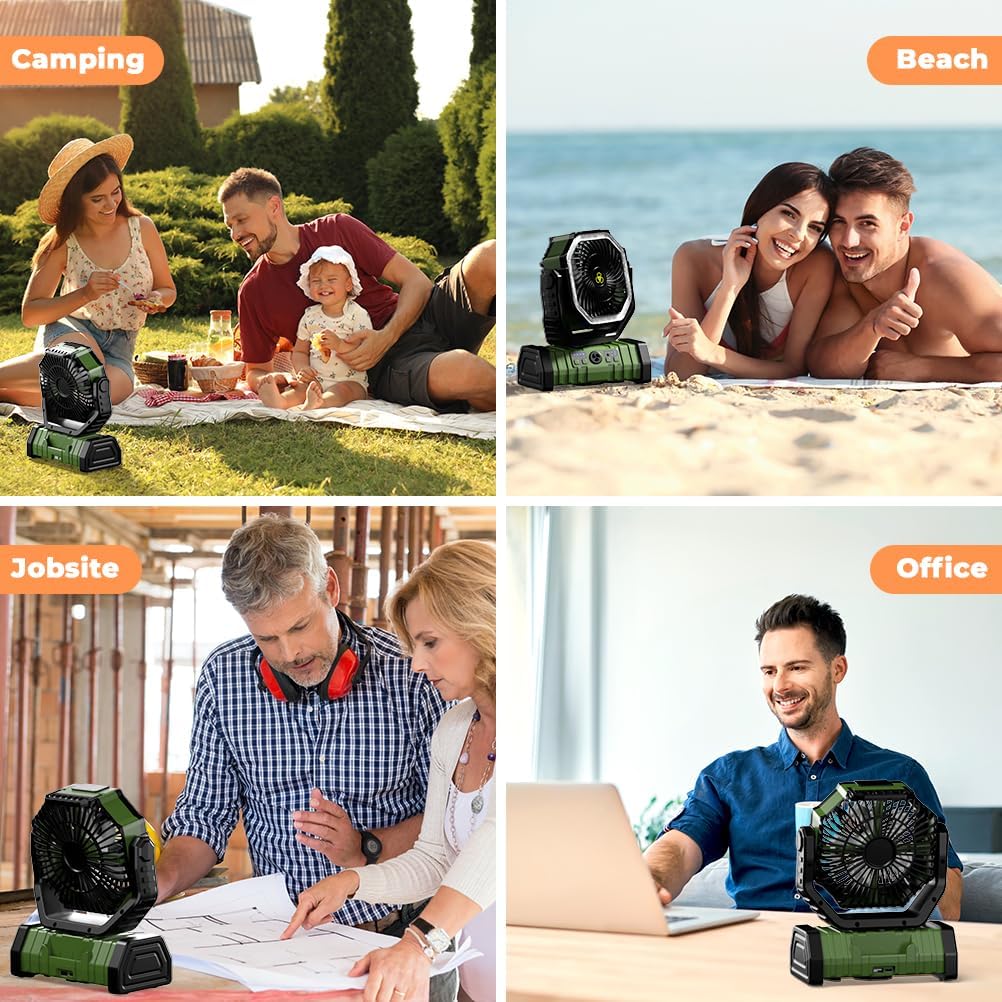 Camping Fan - 20000mAh Battery Powered Fan Rechargeable with LED Lantern - Portable Outdoor Tent Fans with Hanging Hook 4 Speeds Wind Remote Control, Green
