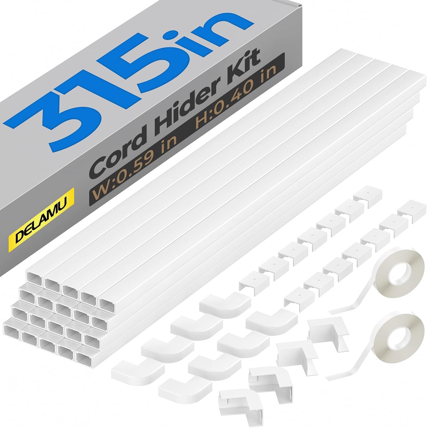 Delamu Cord Hider, 315in Total Cord Covers for Wires on Wall, Paintable Cable Cover for Wall Mounted TV, Easy Install Cable Raceways to Hide 1-2 Cords, 20 Pack, Each 15.7"L x 0.59"W x 0.40"H, White