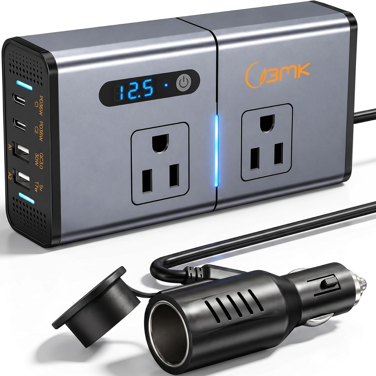 200W 7-in-1 Car Power Inverter DC 12V to 110V AC with Dual PD 36W USB-C & QC 3.0 30W, 2 AC Outlet Car Plug Adapter, LED Voltage Display, Quiet Cooling Fan for Laptop Road Trip Camping