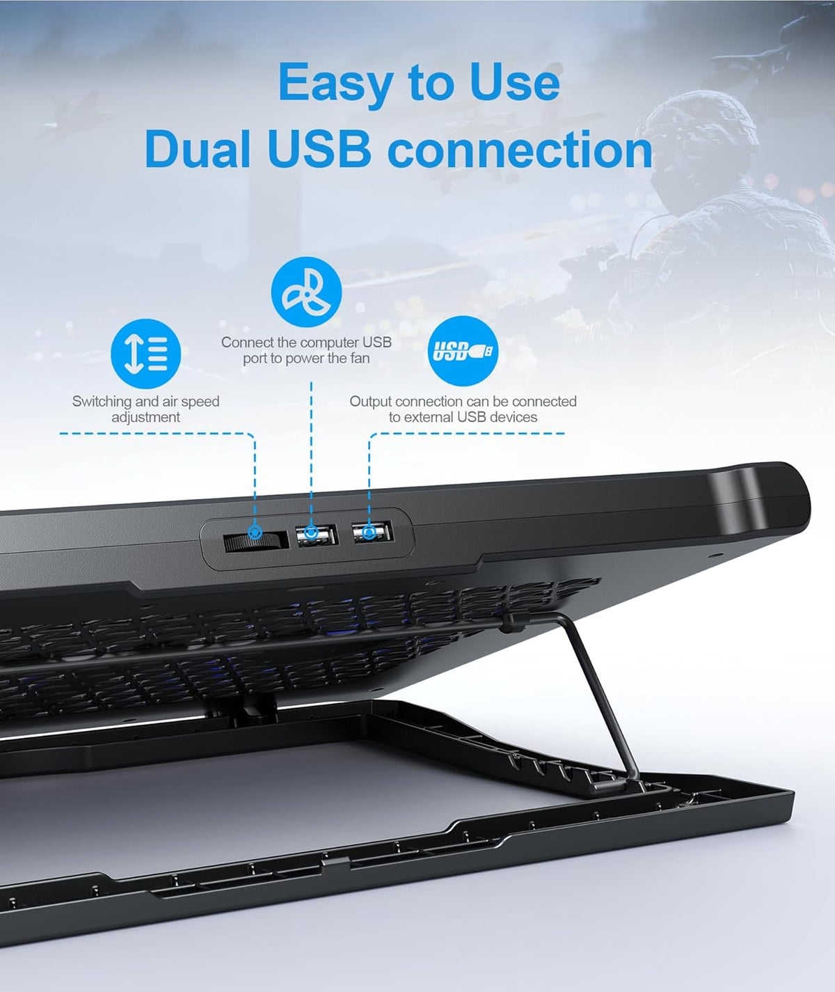 MOKURU Laptop Cooling Pad Stand, Laptop Cooler with 2 Silent Fans for 10-15.6 Inch Laptops,6 Levels of Height Adjustable Wind Speed with 2 USB Ports (Black)