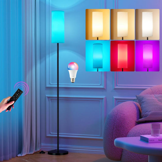 64'' Floor Lamps for Living Room with Remote Control and RGB + Stepless Dimmable Colors Temperature & Brightness, 9W Smart Bulb Included(White Shade & Black Pole)