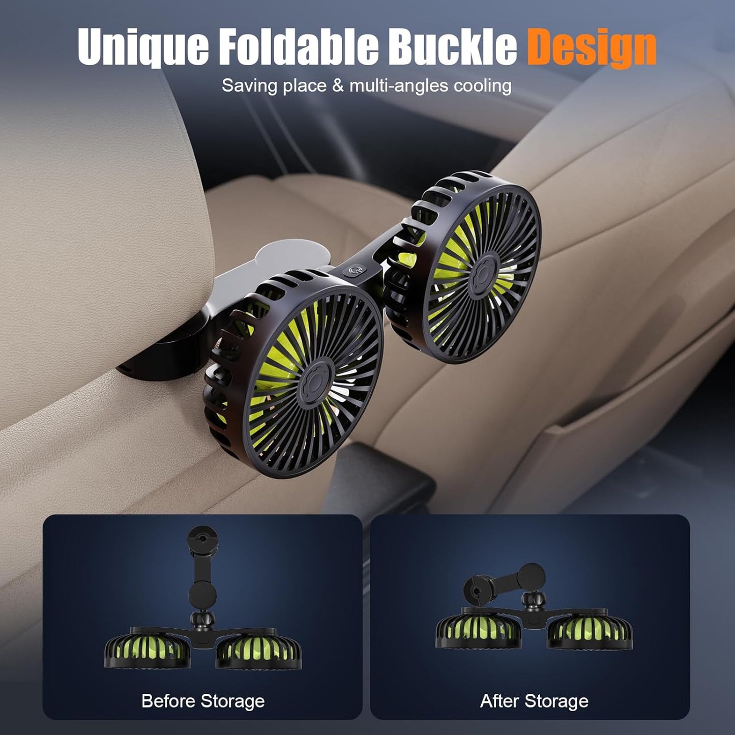 Dual-Head USB Car Cooling Fans for Backseat Kids 3 Adjustable Speeds