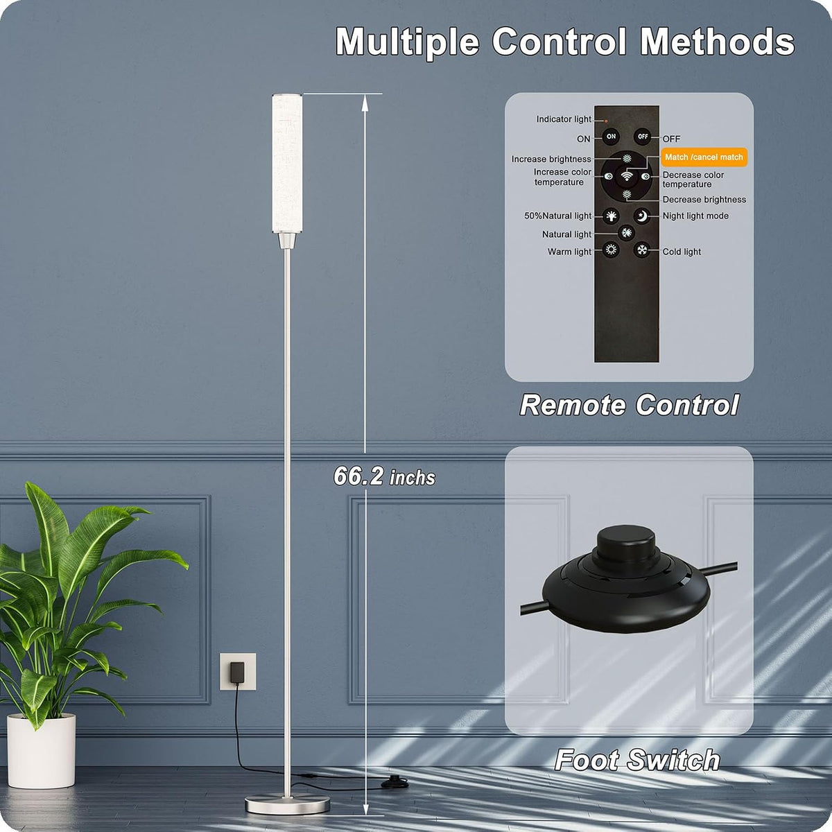 Nukanu Floor Lamp with Remote Control,Nickel,Linen lampshade