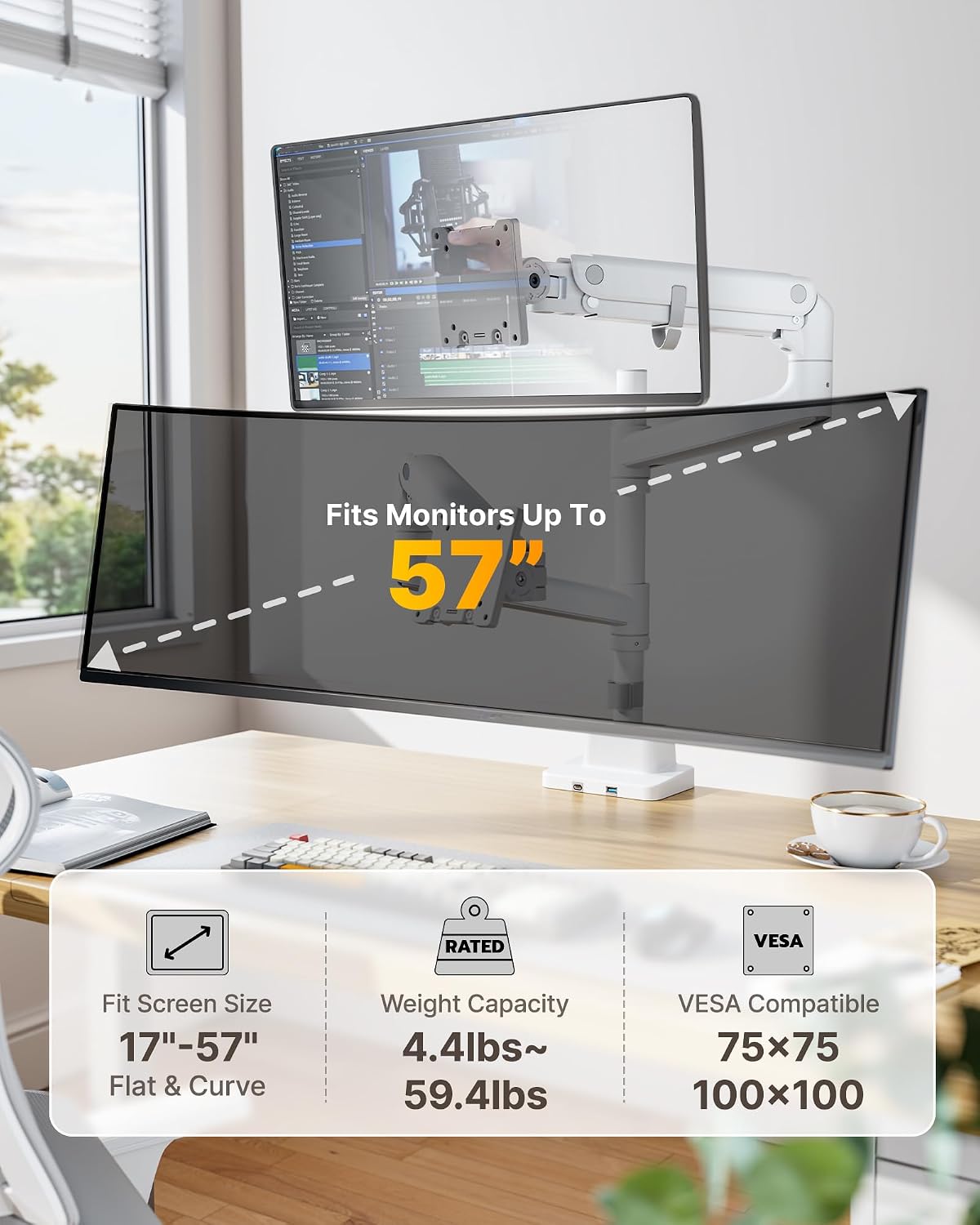 monTEK Dual Monitor Arm, Vertical Stackable 57", Heavy Duty with USB White
