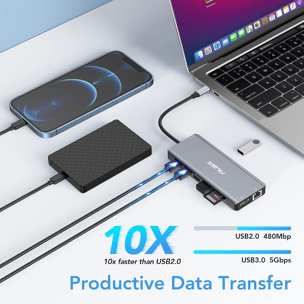 USB C Docking Station 14-in-1, Dual Monitor 2 HDMI DP PD, Ethernet, USB C/A