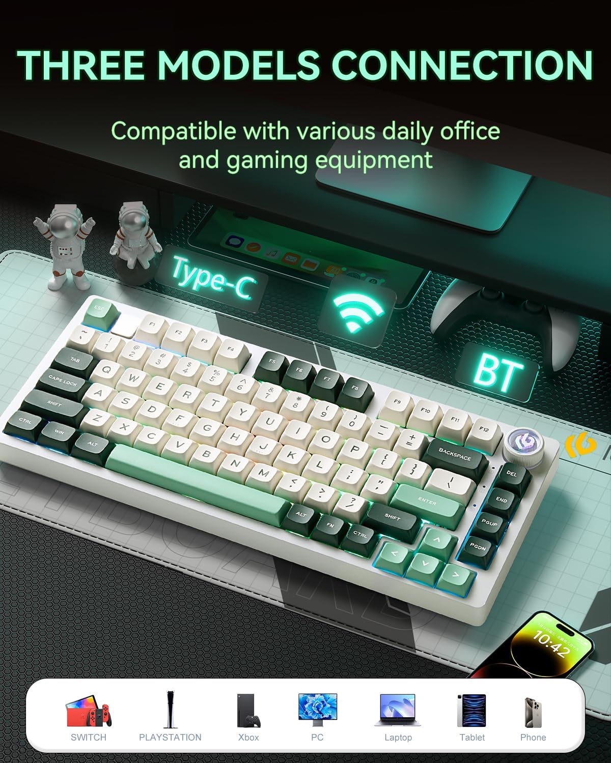 LEOBOG x Aula HI75C Pro PC Gaming Aluminum Alloy Keyboard,Bluetooth/USB-C/Wireless Tri-Modes Mechanical Keyboards,Hot Swappable Green Creamy Keyboard with Ice Vein Switch for Windows/Mac/Tablet Gamer