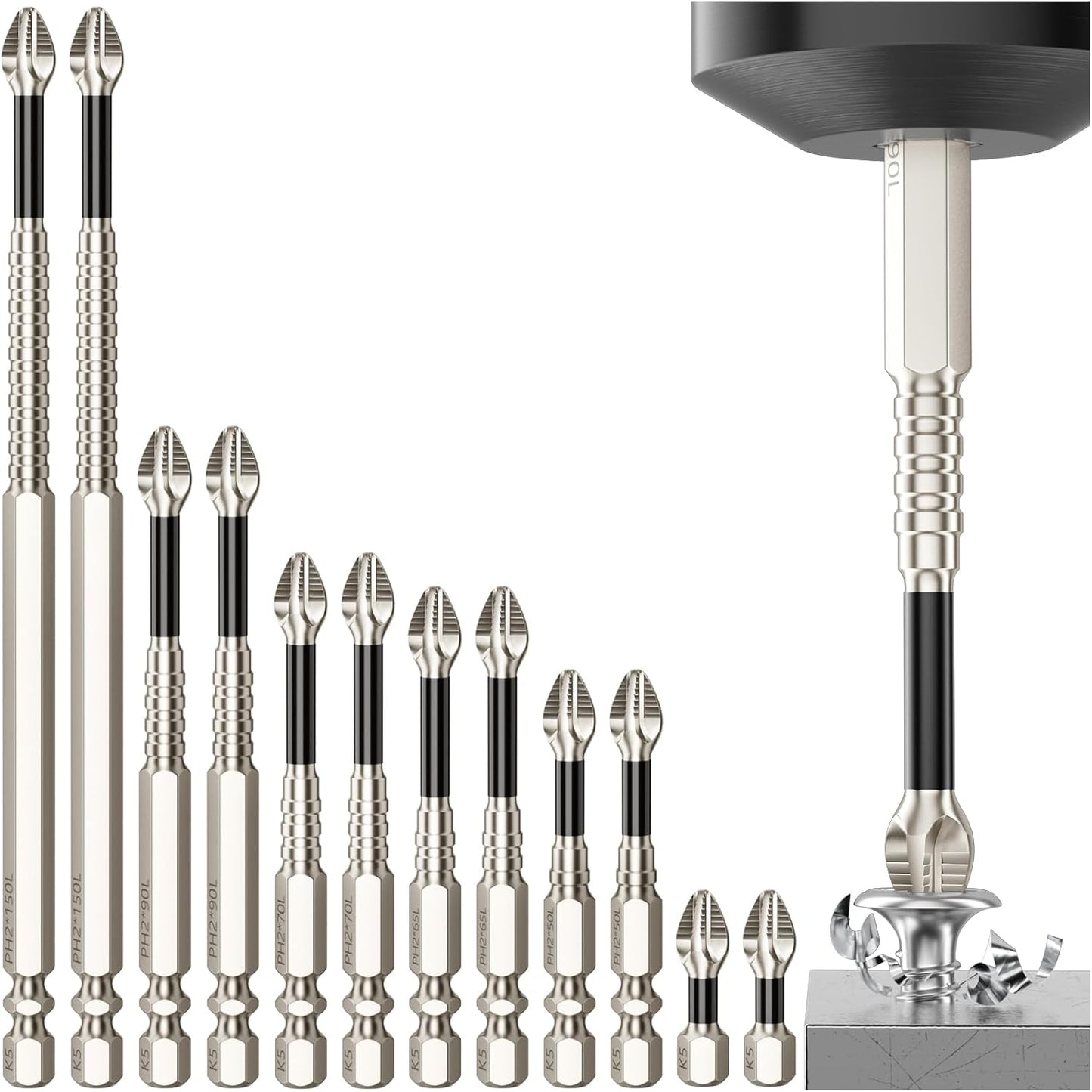 High Magnetic Screwdriver Drill Bit Set - 12Pcs | K5 Impact Resistant Non Slip Bit - Magnetic Screwdriver Set - Screwdriver Bit Set - 25 50 65 70 90 150mm
