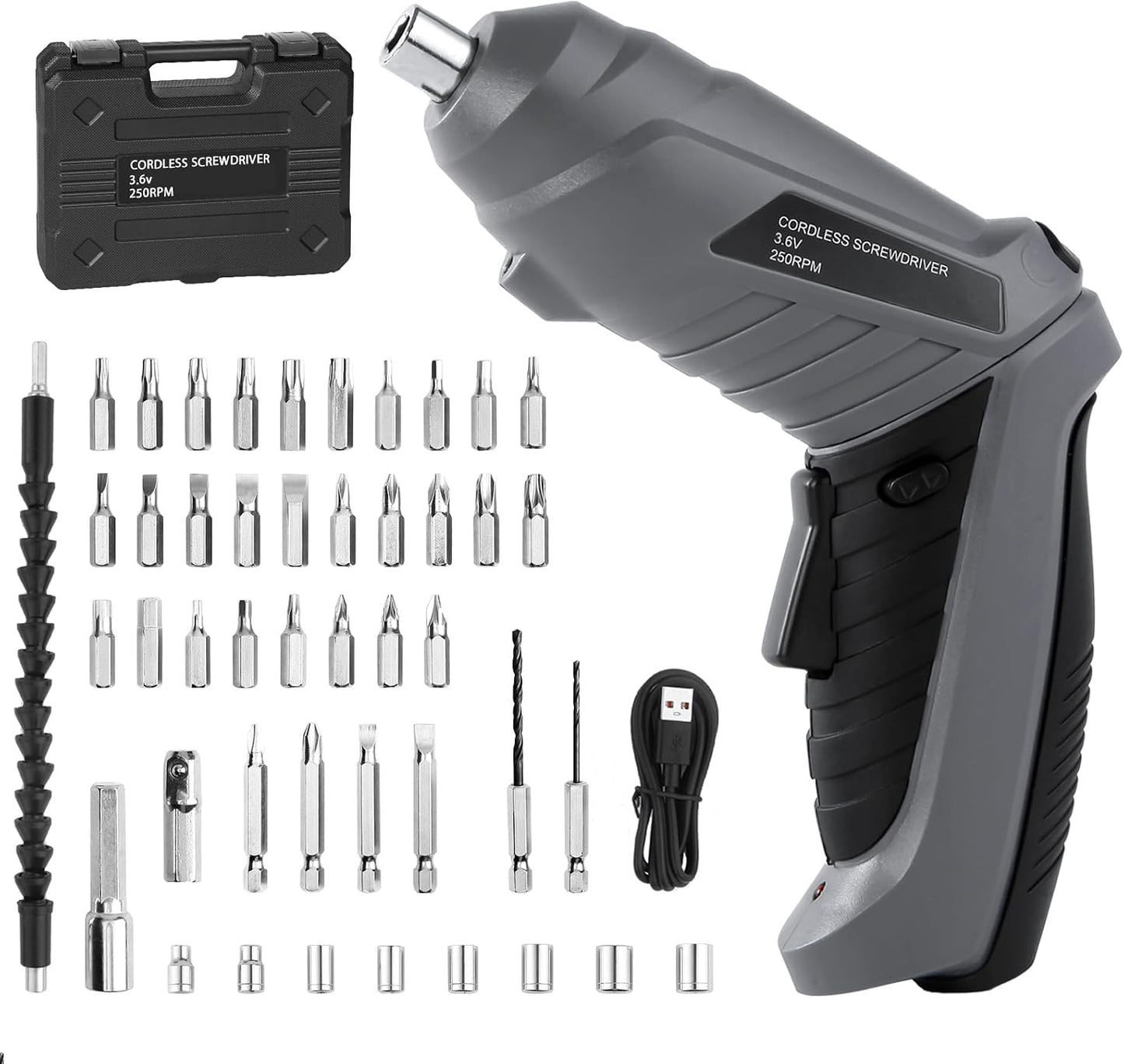 Cordless Electric Screwdriver 3.6V Rechargeable 3.5N.M of Torque 1/4" Chuck | 43pcs Screw Drill Set LED Light for Furniture Assembly, Repairing in Home, Office and Workplace