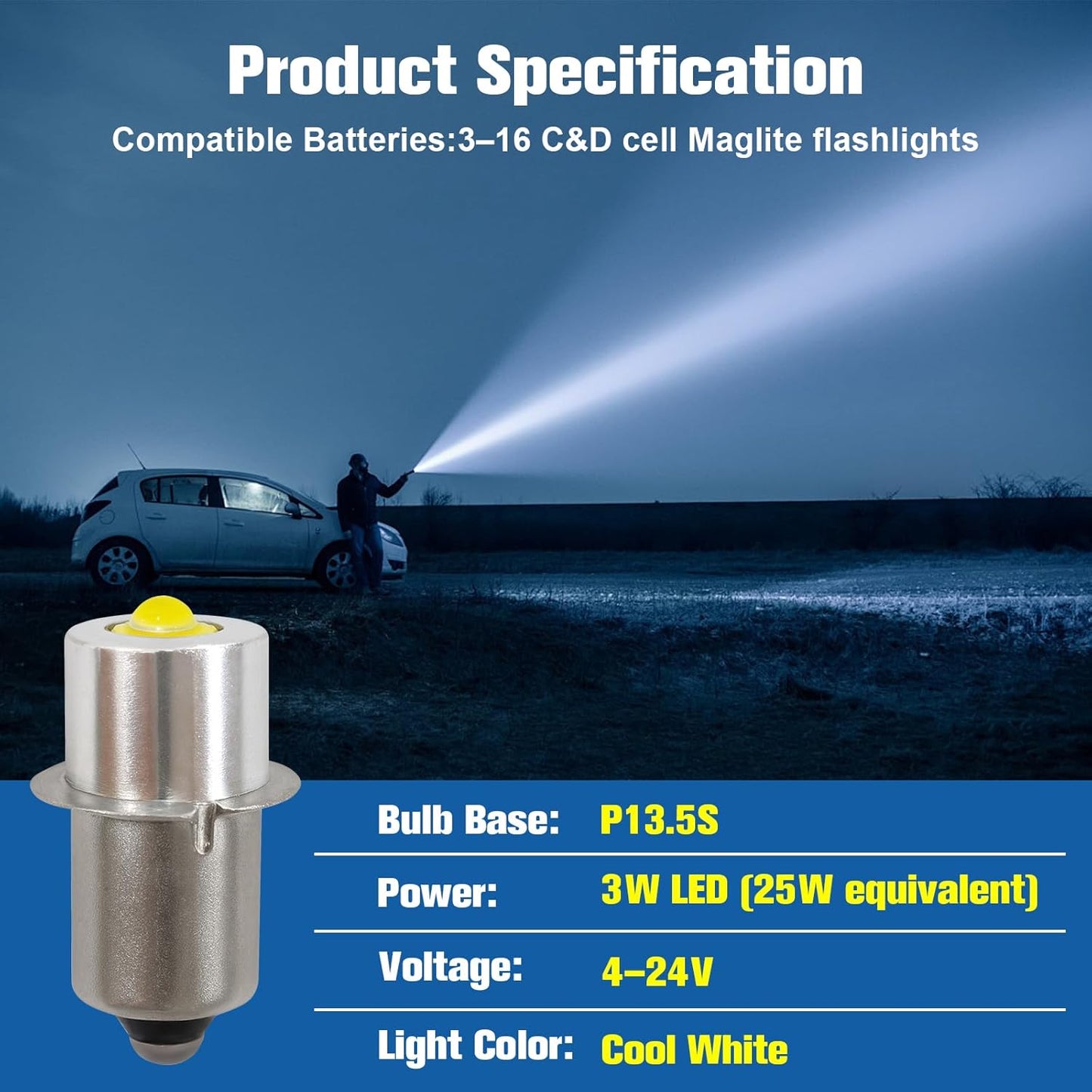 LED Conversion Kit for Maglite LED Bulb 3-16 Cell C/D, 3W DC 4-24V Flashlight Bulbs for Maglite Replacement Bulb 3D 4D 5D 6D 3 Cell 4cell 5cell 6cell(2 Pack)