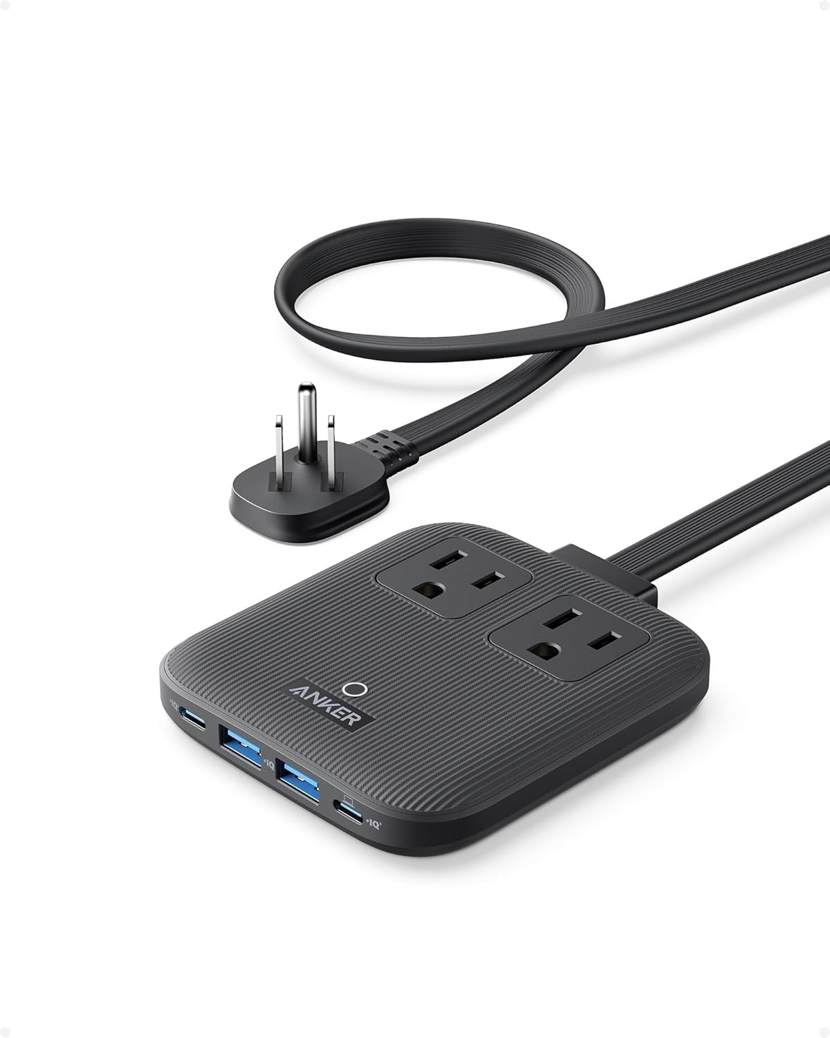 Anker Travel Power Strip, Anker Nano 67W Max 6-in-1 USB C Charger, 2 USB C | 2 AC, 2 USB A, 5ft Thin Undetachable Flat Plug Extension Cord with Multiple Outlets, Travel Essentials, Cruise Essentials