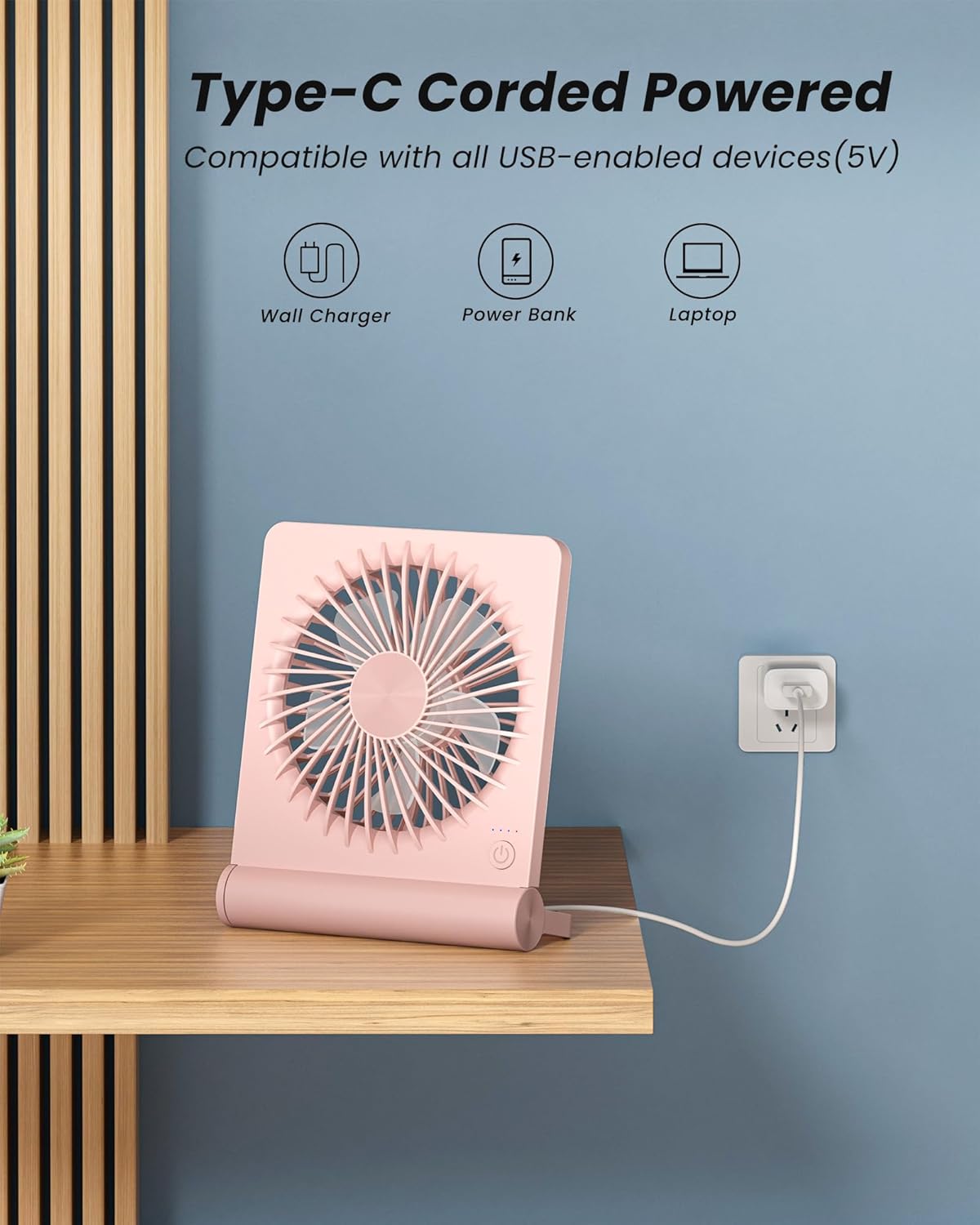 Koonie USB Desk Fan, Strong Wind Ultra Quiet Small Mini Fan | 220° Tilt Folding & 3 Speeds Adjustable, USB-C Powered Personal Fan for Home Office Desktop, Pink, NO BATTERY