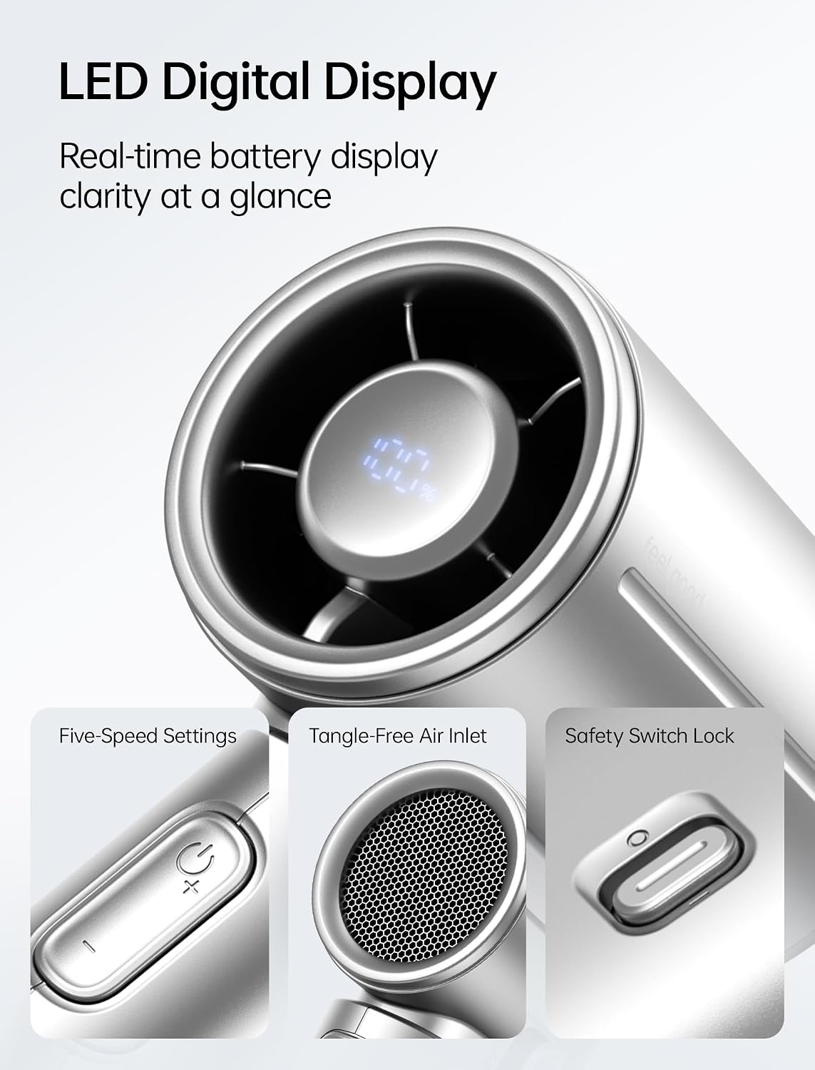 JISULIFE Handheld Fan Life9S - Sleek Chrome: Turbo Power, 22 Hours Cooling | LED Display, 5000mAh, 5-Speeds, Mini Portable Fan for Travel, Cruise, Concerts, Trendy Gifts for Women Men -Silver