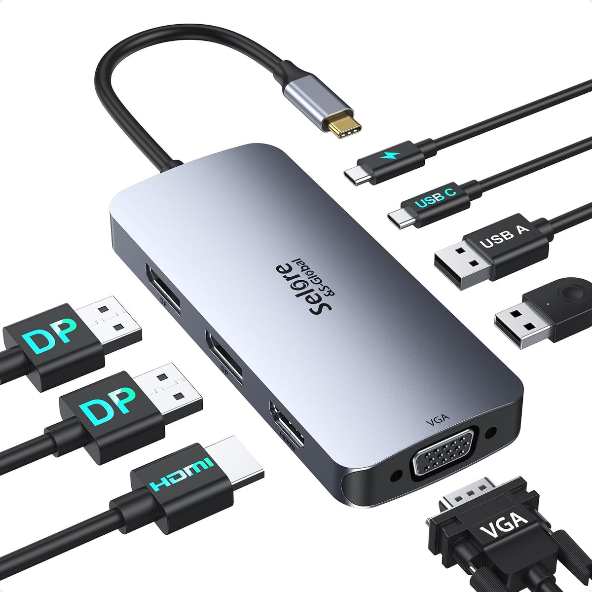 USB C Docking Station Dual DisplayPort Monitor USB C Hub DisplayPort | 2 DP, HDMI, VGA, 100W PD Charging, USB-A/C 2.0 Ports, Multi Monitor Adapter for Dell, HP, Lenovo and More