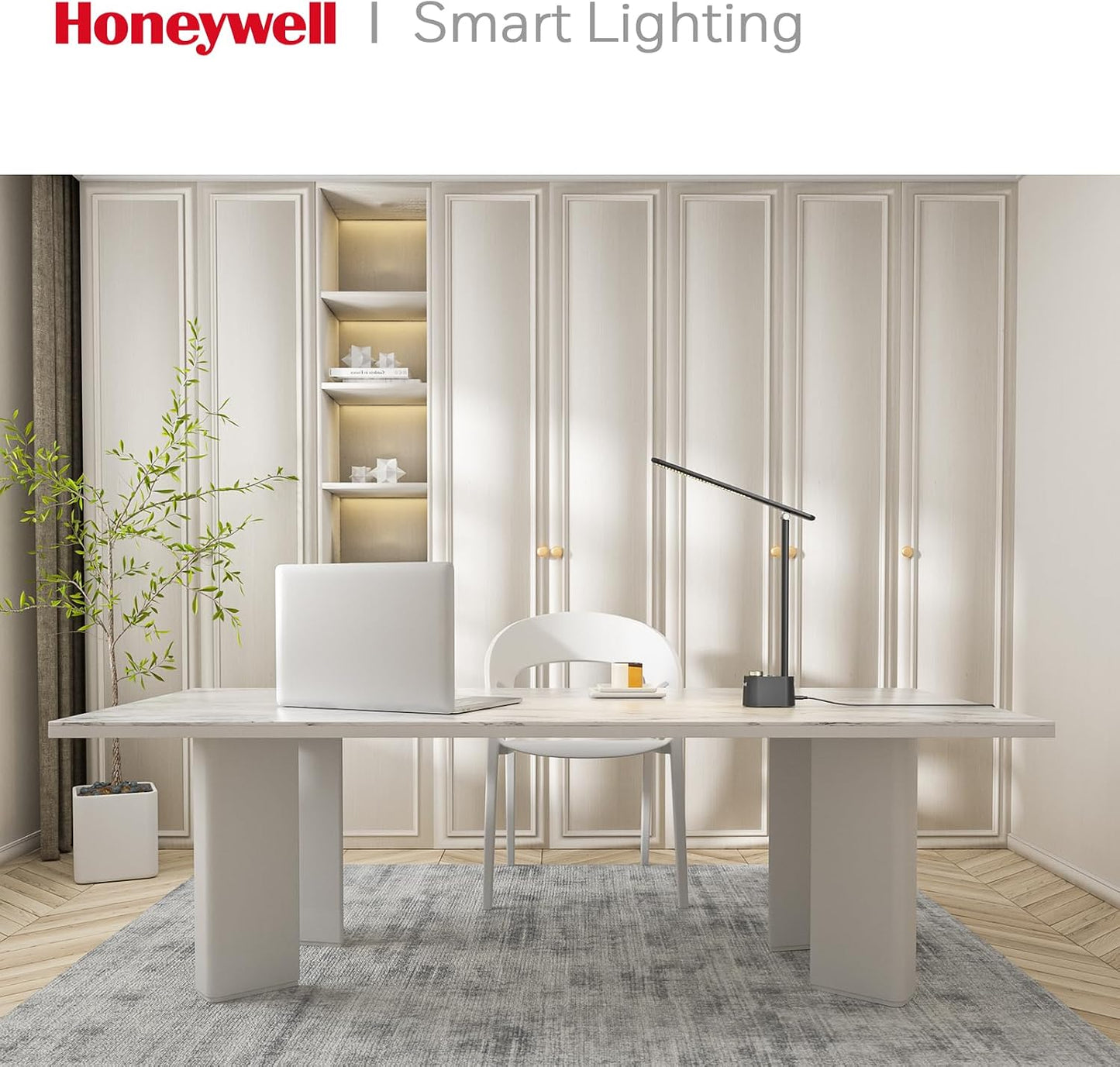 Honeywell HWT-H01 LED Desk Lamp, Foldable & Stepless Dimmable, Black | Sunturalux Eye-Caring Desk Light with Charging Ports, Modern Table Lamp, Reading Lamp for Home Office Bedroom College Dorm