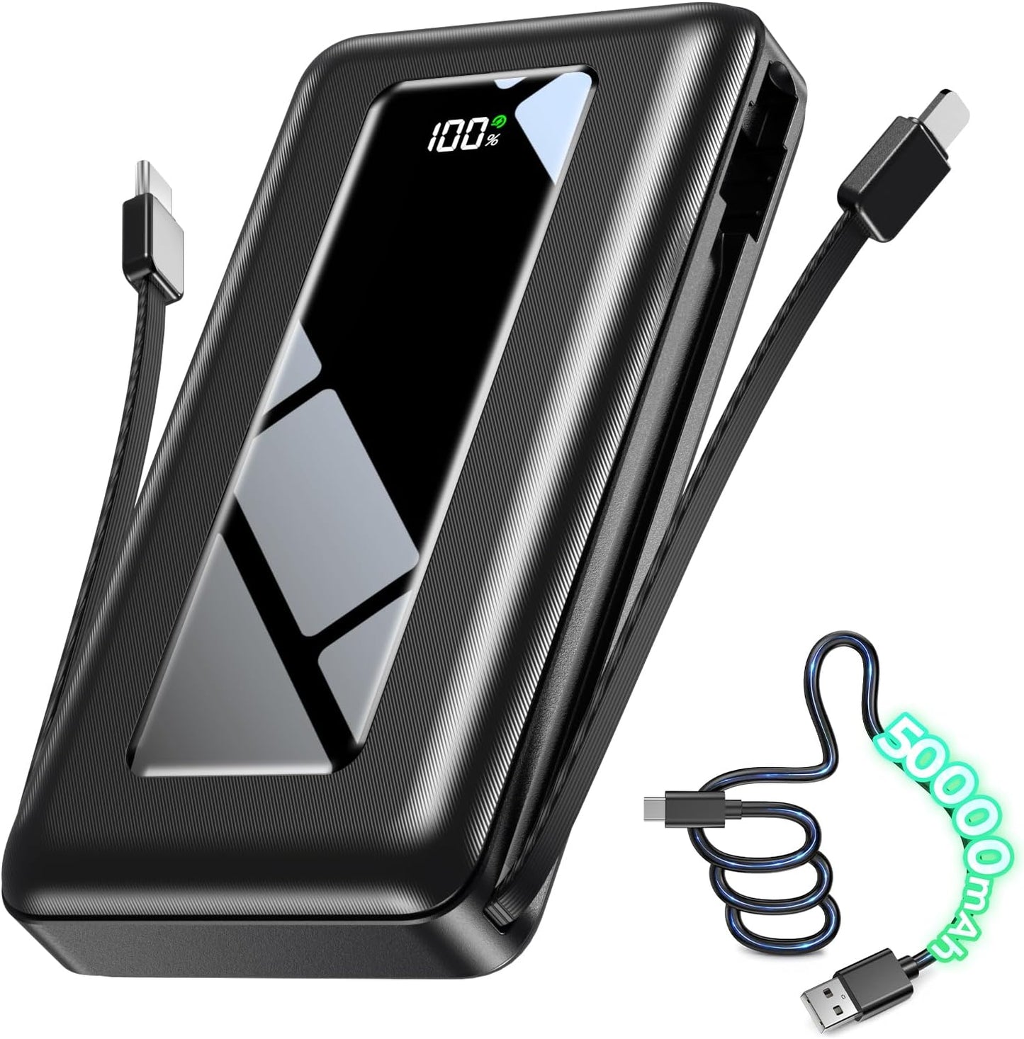 50000mAh Portable Charger Power Bank, Fast Charging with Built in Cables | Ultra-High Capacity, Travel Essential, Charge 4 Devices, Flashlight, for iPhone 17/16/15 Series, Samsung, iPad & Laptops Onyx