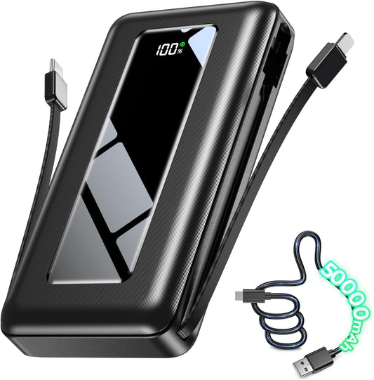 50000mAh Portable Charger Power Bank, Fast Charging with Built in Cables | Ultra-High Capacity, Travel Essential, Charge 4 Devices, Flashlight, for iPhone 17/16/15 Series, Samsung, iPad & Laptops Onyx