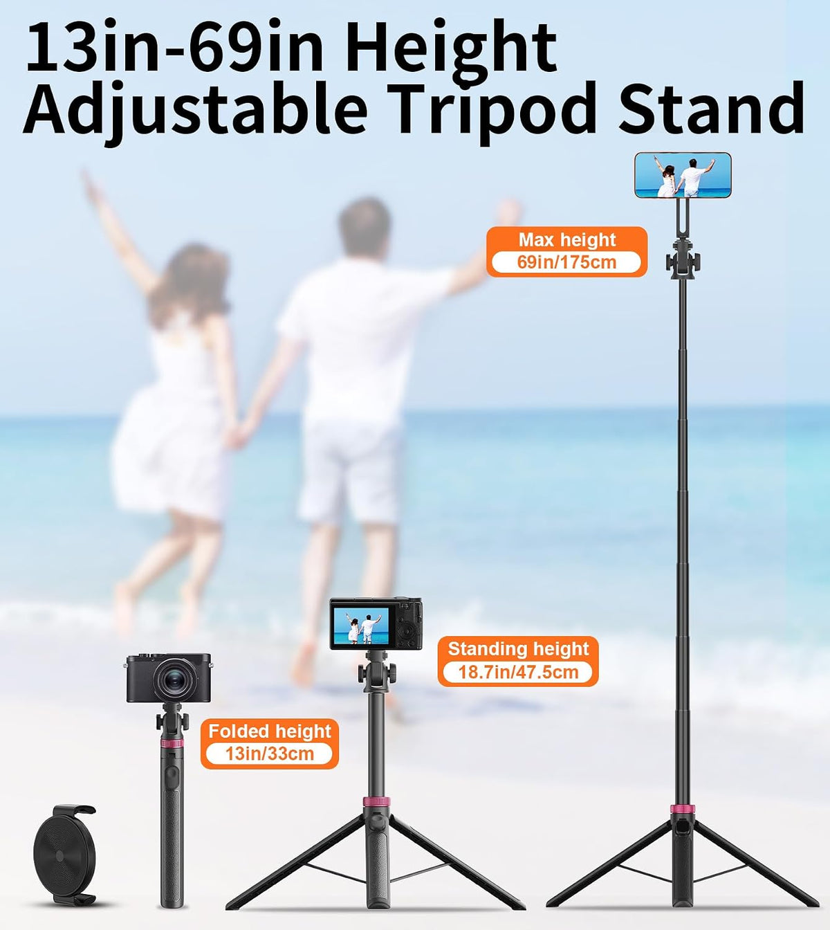 69" Magnetic Phone Tripod Stand Selfie Stick with Remote & Phone Mount | Portable Stand holder Rechargeable with Tripod Leg，360°Rotatable Travel Tripod Compatible for iPhone/Android/Magsafe