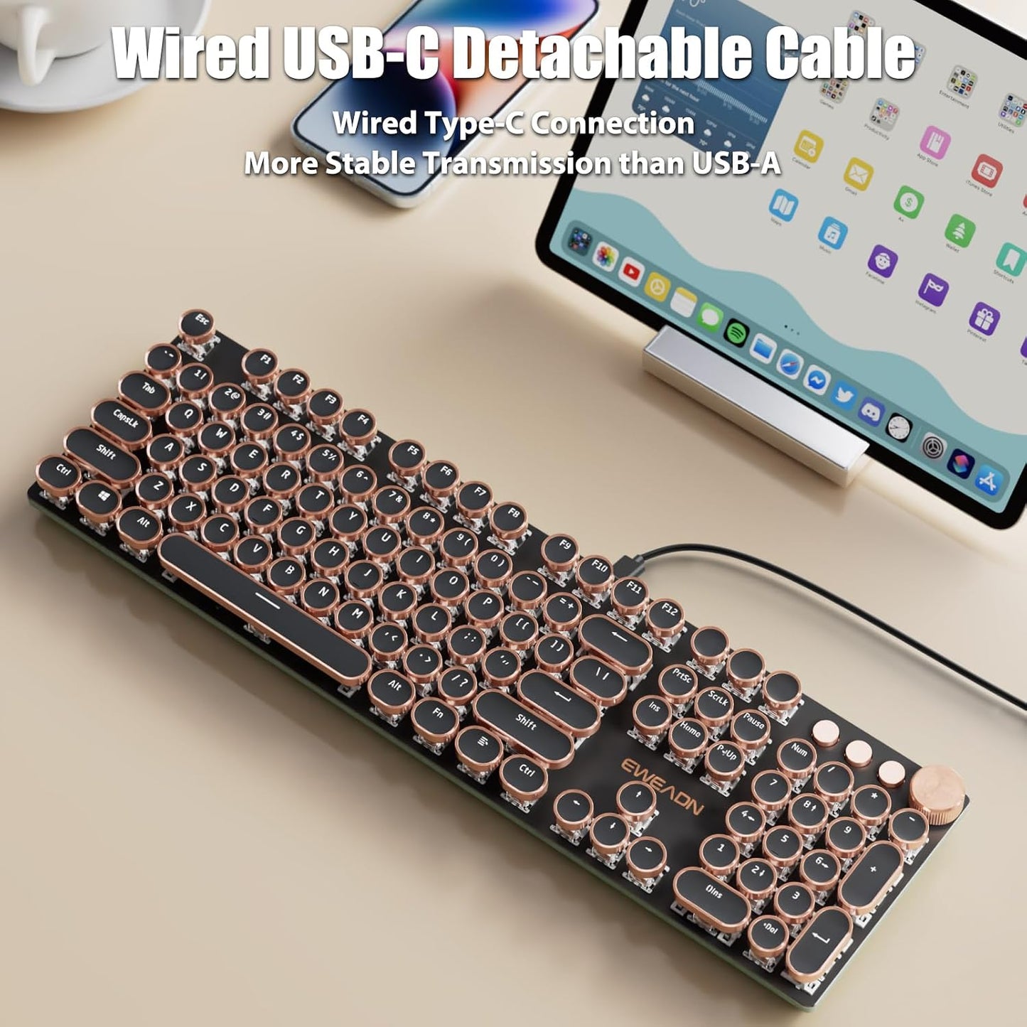 Typewriter Style Mechanical Gaming Keyboard White LED Backlit | 104-Key NKRO White Switches Retro Round Keycaps Gold Rings Volume Knob Metal Panel Wired USB-C Detachable Cable, Black