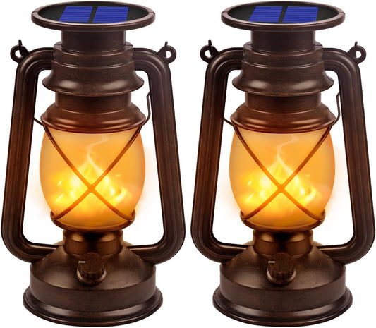 Marlrin Solar Lanterns Outdoor Waterproof 2 Pack LED Flickering Flame Light | Vintage Hanging Solar Lanterns Decorative Outdoor for Patio Garden Porch Decor Yard Pathway Camping Table Holiday Halloween