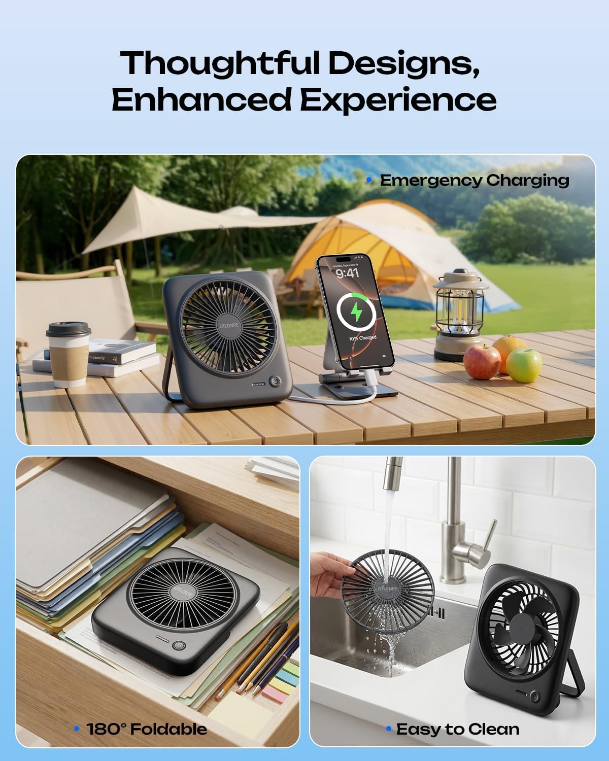 Otlonpe Personal Portable Desk Fan, 4000mAh Small Rechargeable Portable Fan Battery Operated & USB Powered for Travel Sleeping Bedroom Office Home Table, Cordless, Quiet, 4-Speed, 6.5 Inch (Black)