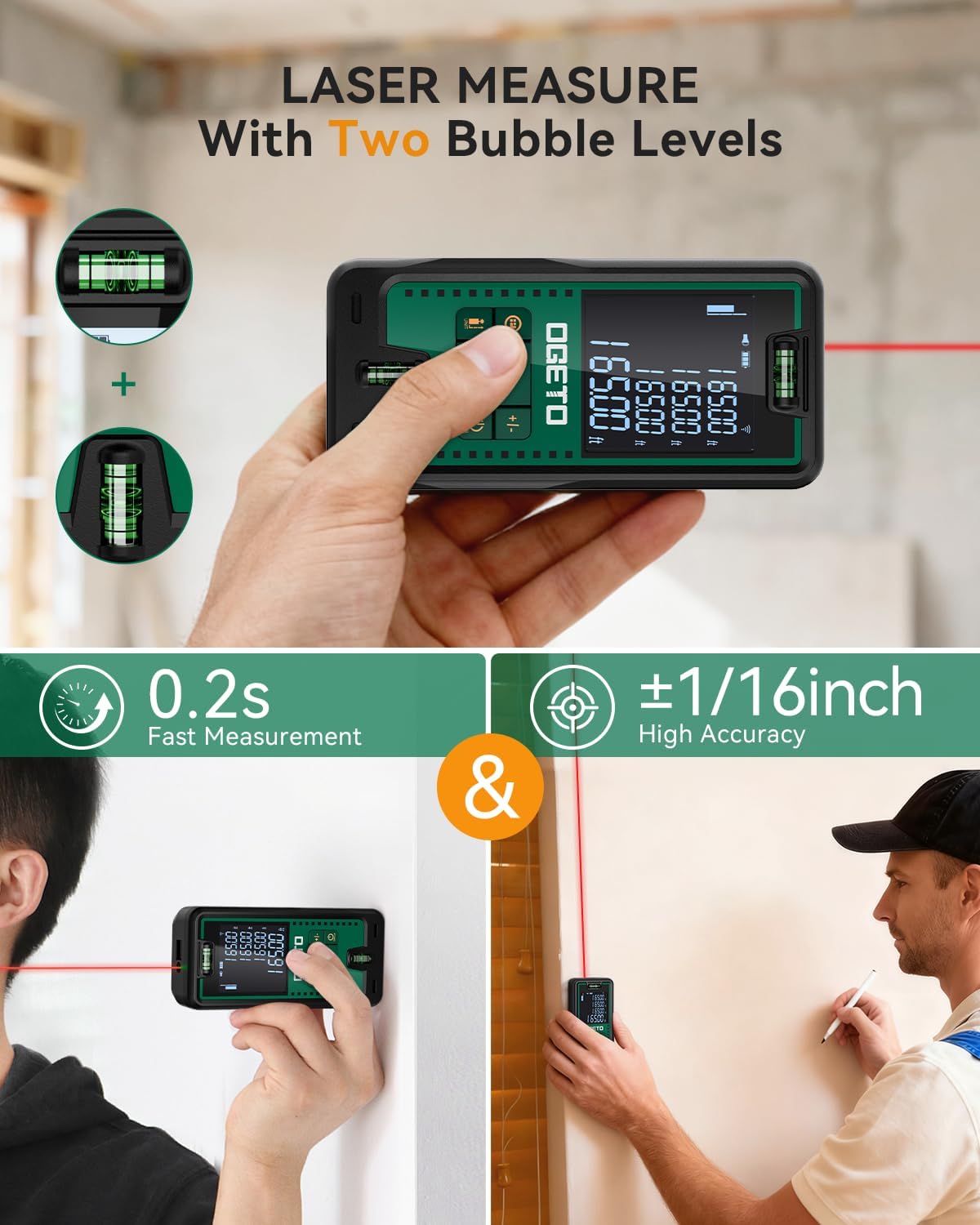 Laser Measure, Ogeto 165 Feet Digital Laser Distance Meter with 2 Bubble Levels,M/in/Ft Unit Switching Backlit LCD and Pythagorean Mode, Measure Distance, Area and Volume