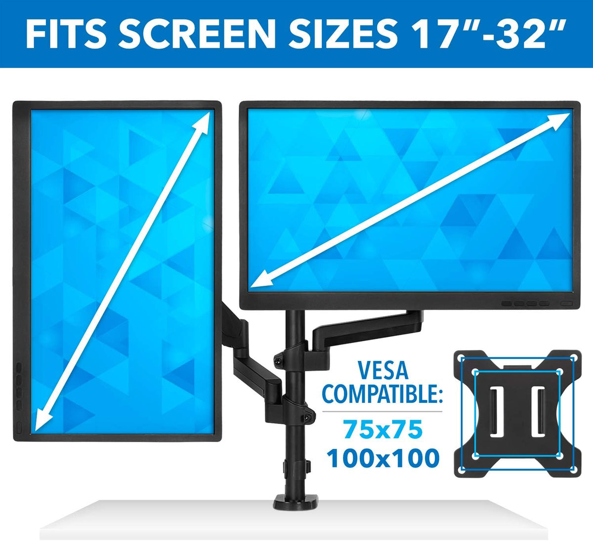 Mount-It! Dual Monitor Arm Desk Mount for 17–32" Screens, Gas Spring Adjustable Monitor Stand, Vertical Stack or Side-by-Side Setup, 17.6 lbs Each Arm, VESA 75x75 100x100, Clamp & Grommet Base MI-4762