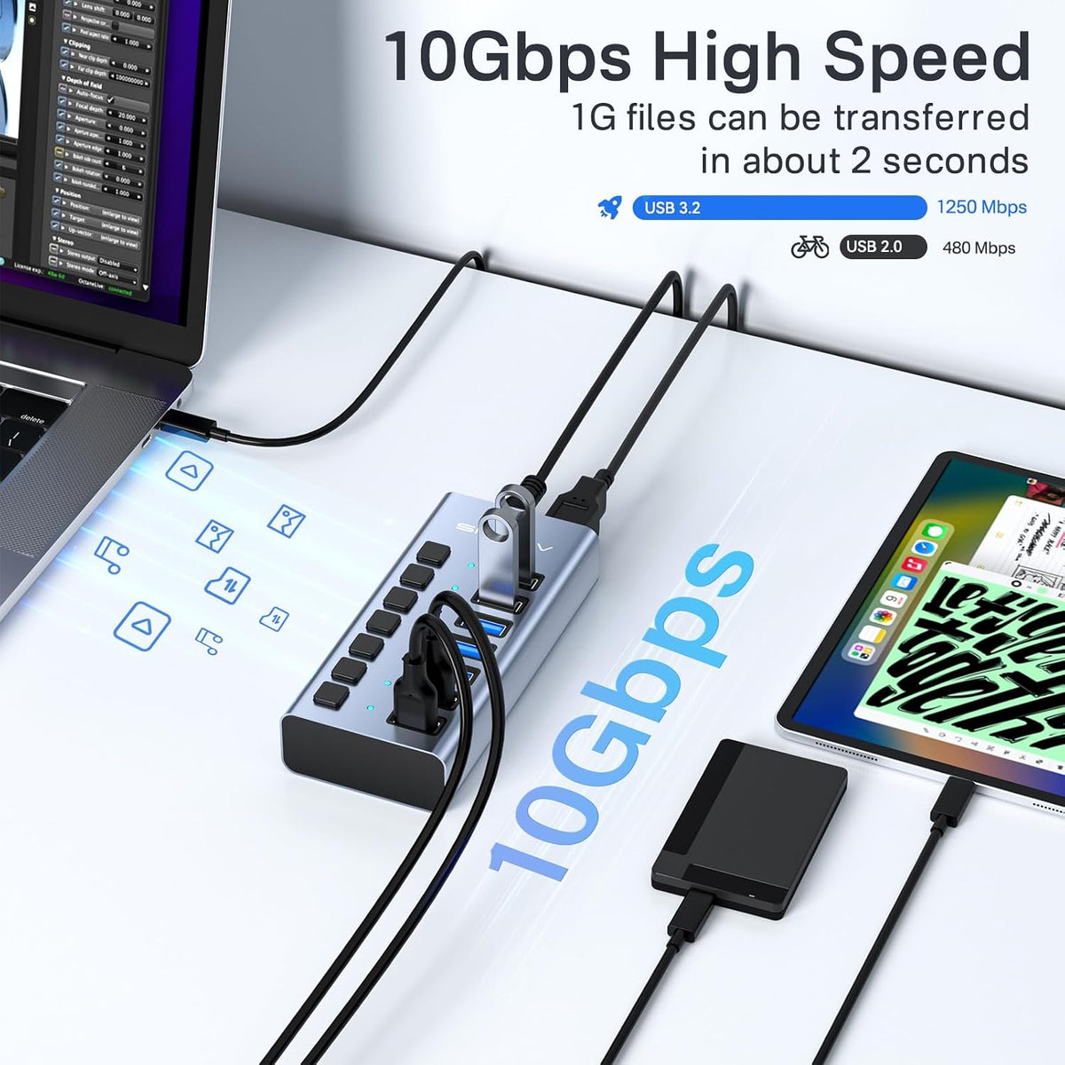 ACASIS Powered 7 Ports USB 3.2 Hub, 10Gbps Data Transfer, 24W Adapter | Individual On/Off Switch for Each Port • Aluminum Housing • Better Heat Dissipation • Plug & Play