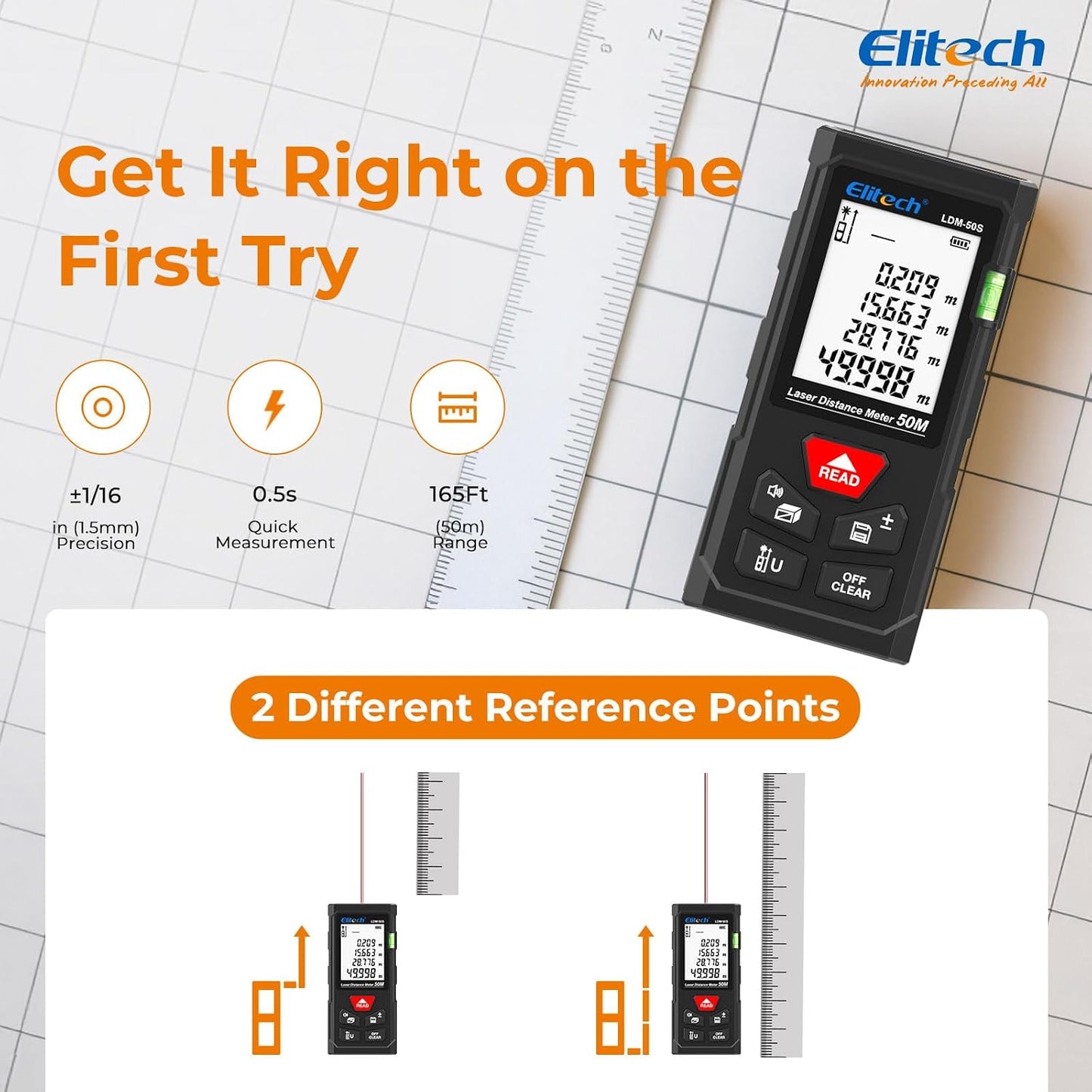 Elitech Laser Tape Measure, 165ft Laser Distance Meter with Bubble Level | 6 Measurement Modes, 99 Measurement Memory, Backlit LCD, M/in/ft Unit Switching, Simple Button Control