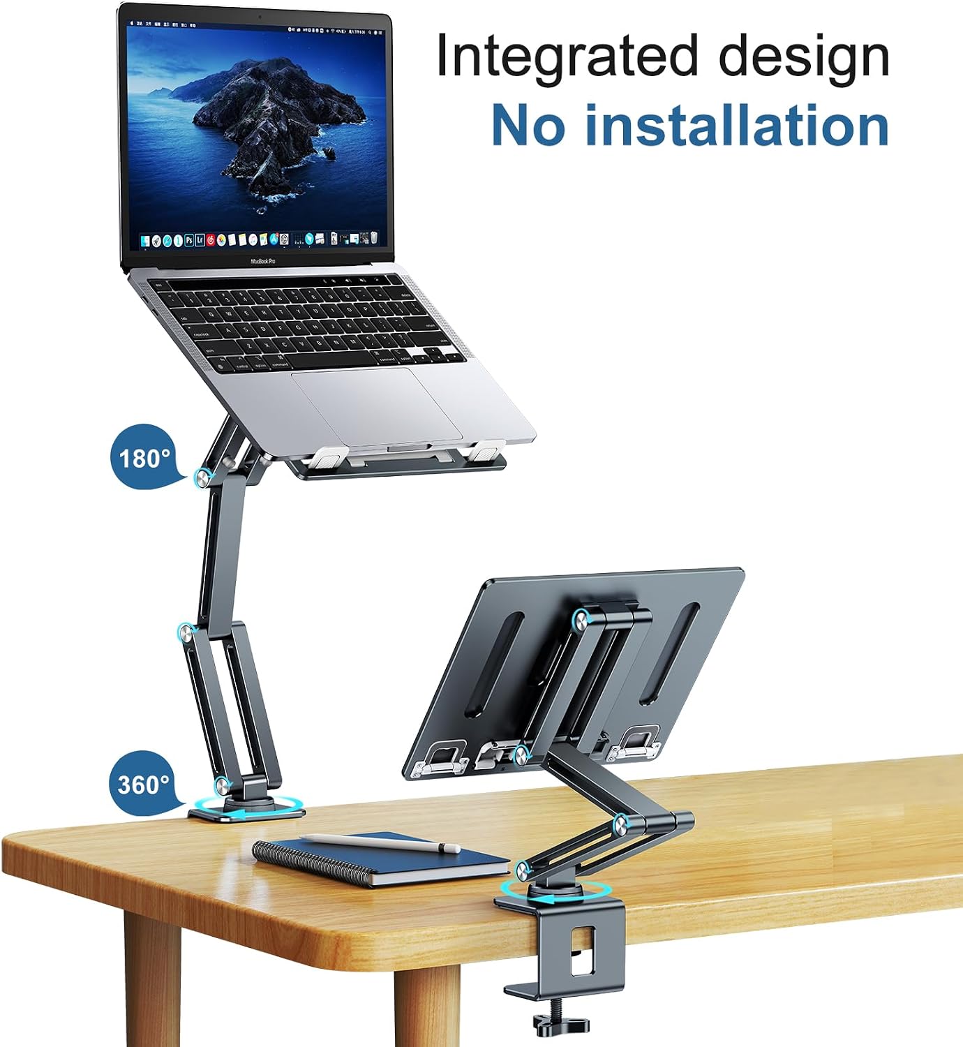 Laptop Stand Desk Mount, Aluminum Adjustable Laptop Arm with Tray | 360° Rotatable Ergonomic Computer Holder for 11-15 Inch Laptops & Tablets, Relieve Neck Strain for Sitting & Standing Work