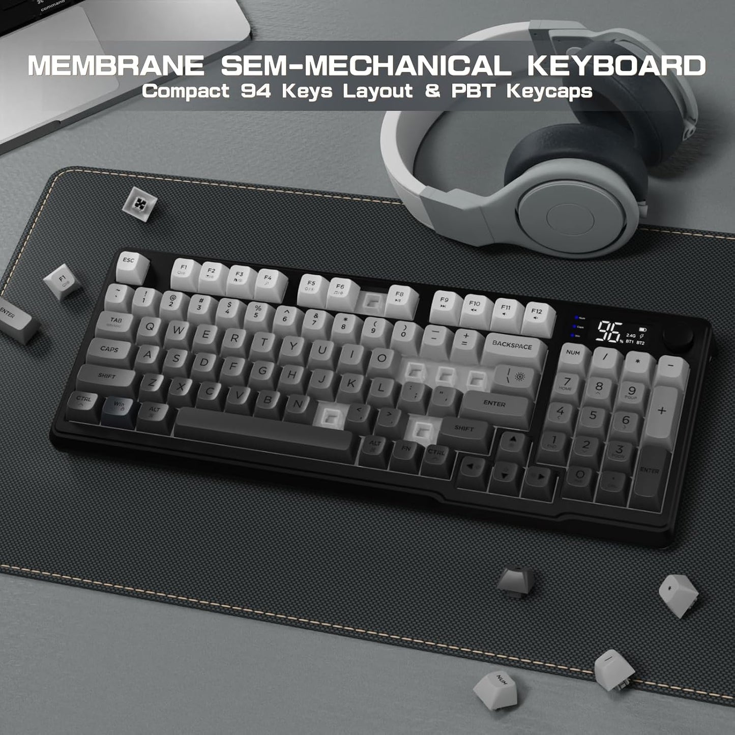 LexonElec M96 Wireless Keyboard, Low Profile Quiet Typing Membrane Gaming Keyboard with Smart Display & Knob, RGB Backlit, USB C Rechargeable, 94 Keys PBT Keycap for Windows PC,Mac,Linux-Moonlit Night