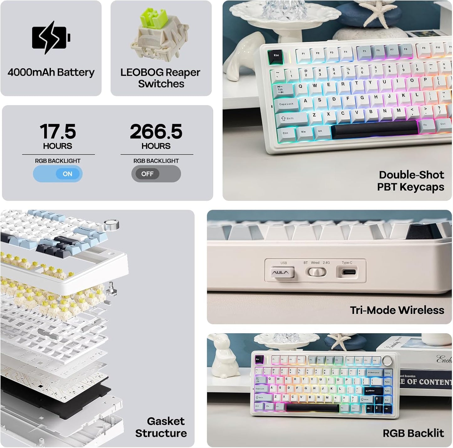 EPOMAKER x Aula F75 Gasket Mechanical Keyboard, 75% Wireless Hot Swappable Gaming Keyboard with Five-Layer Padding&Knob, BT/2.4GHz/USB-C, RGB (Light Blue, LEOBOG Reaper Switch)