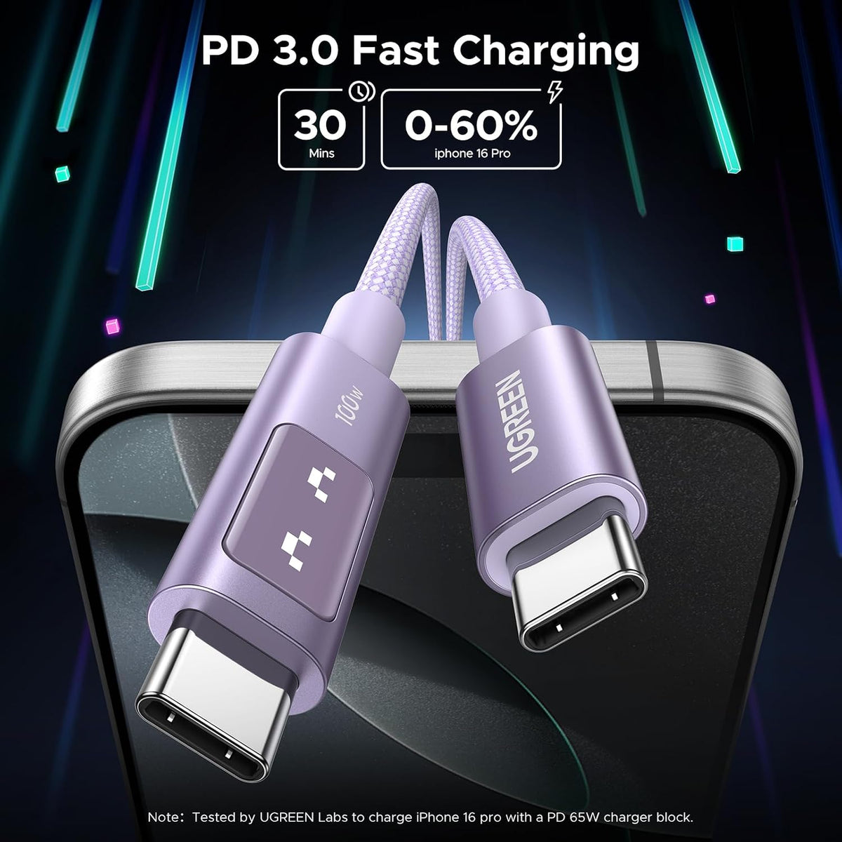 UGREEN Uno USB C Cable 100W with LED Display, Fast Charging, 10ft, Purple