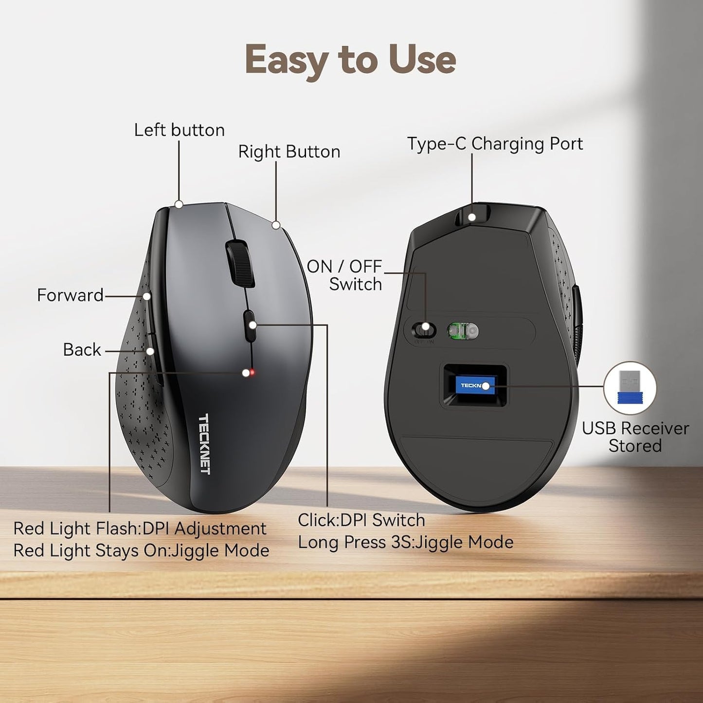 TECKNET Rechargeable Mouse with Jiggler, 2.4G Connection with USB-C Adapter | Type-C Adapter, Mouse Mover, Plug & Play, 3X Faster Charge, Full-size Design, Silent Click