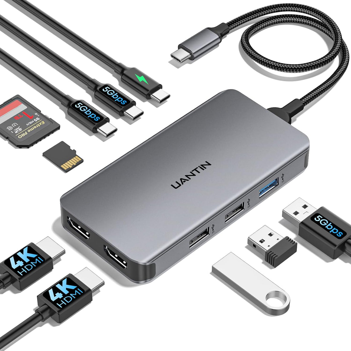 UANTIN USB C Docking Station Dual Monitor for Laptop, 10-in-1 Dock HDMI Hub