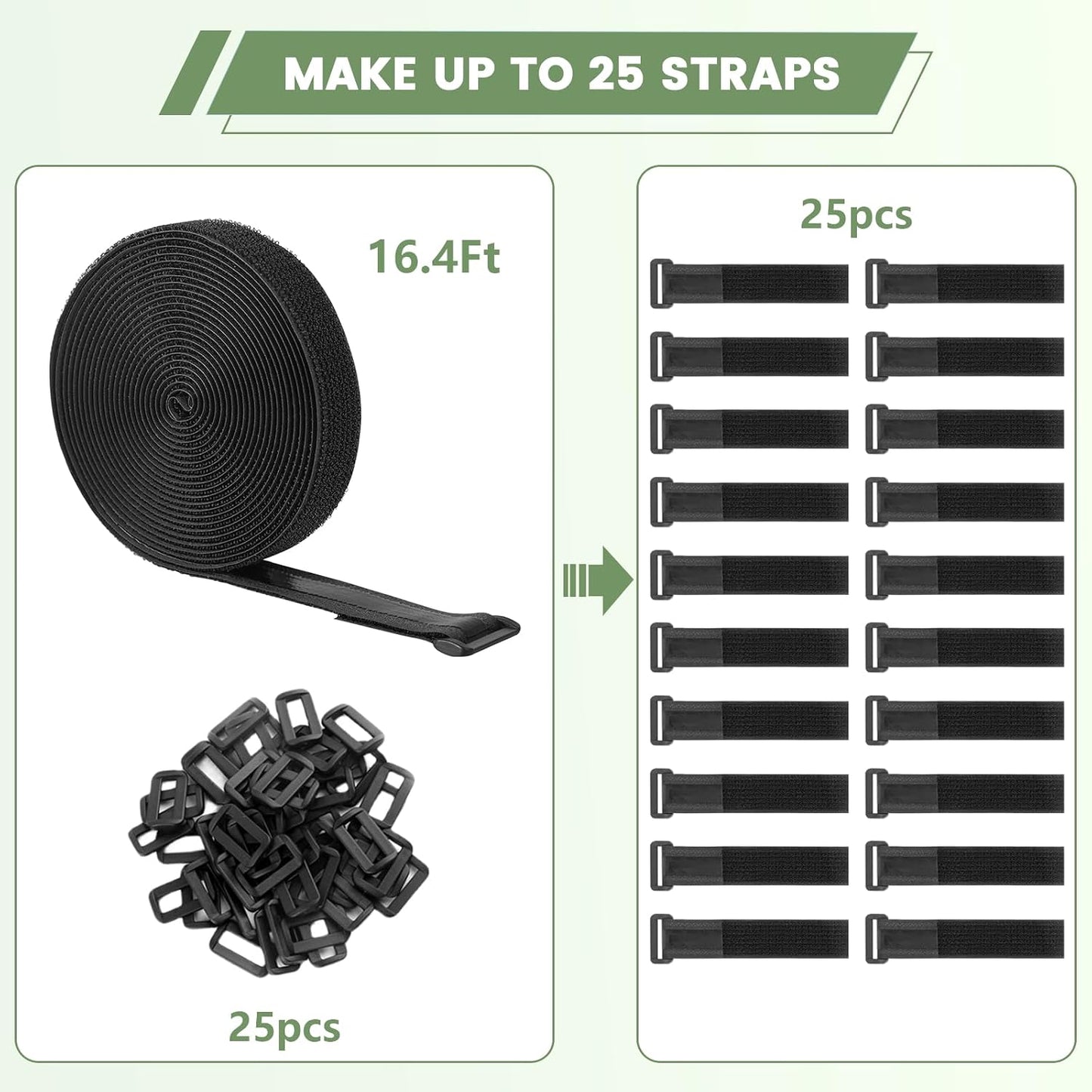 Heavy Duty Hook and Loop Cinch Straps with Non-Slip Rubber Backing | 1 in x 16 ft, 25 Buckles | Cut-to-Length Adjustable Straps for Fastening & Organizing | Black