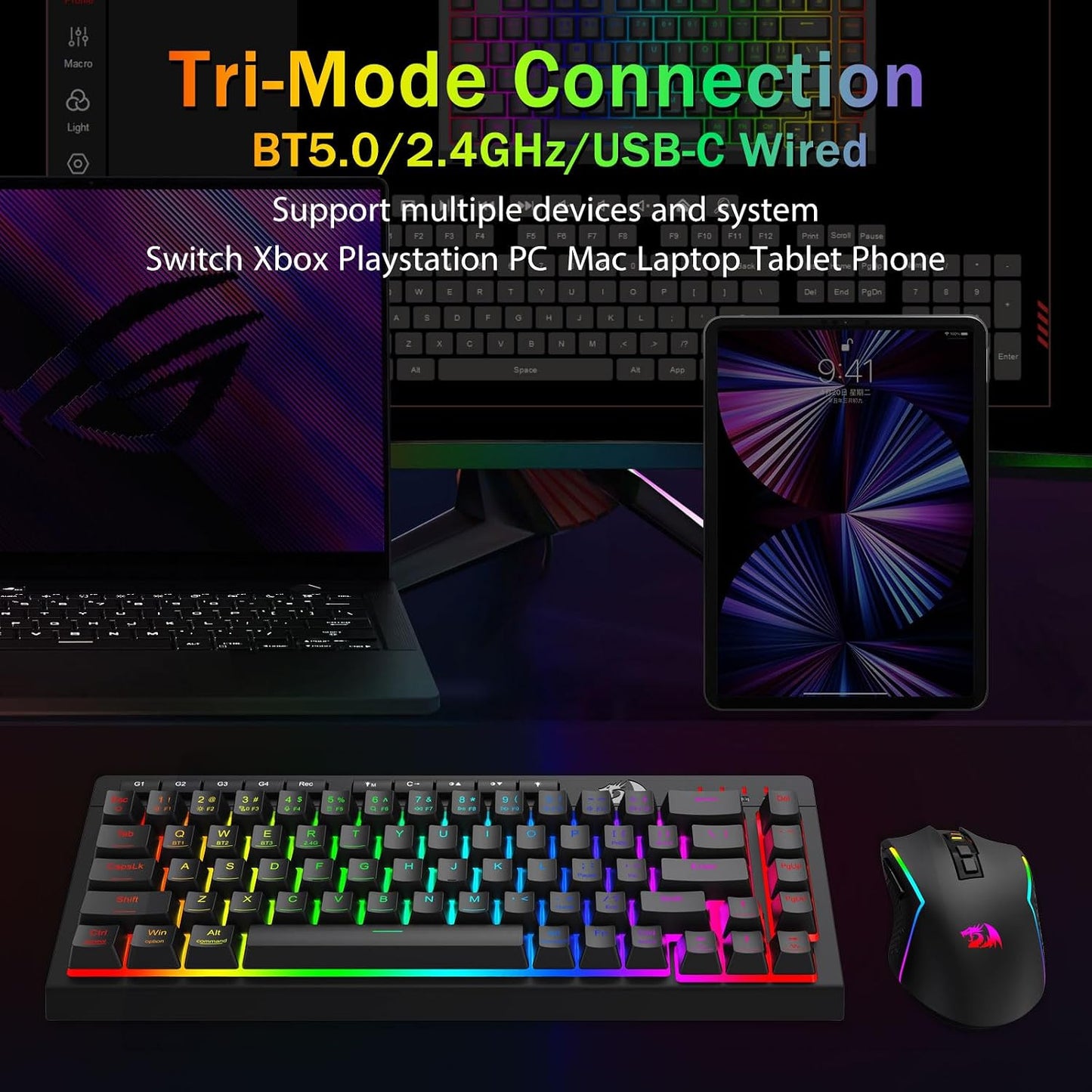 Redragon Wireless Gaming Keyboard, RGB Backlit, Portable 60% Design, Black | Bluetooth/2.4GHz/USB-C Wired, Mini Quiet Macro Membrane Keyboard, Rechargeable 4000mAh Battery, Anti-Ghosting for Win/MAC
