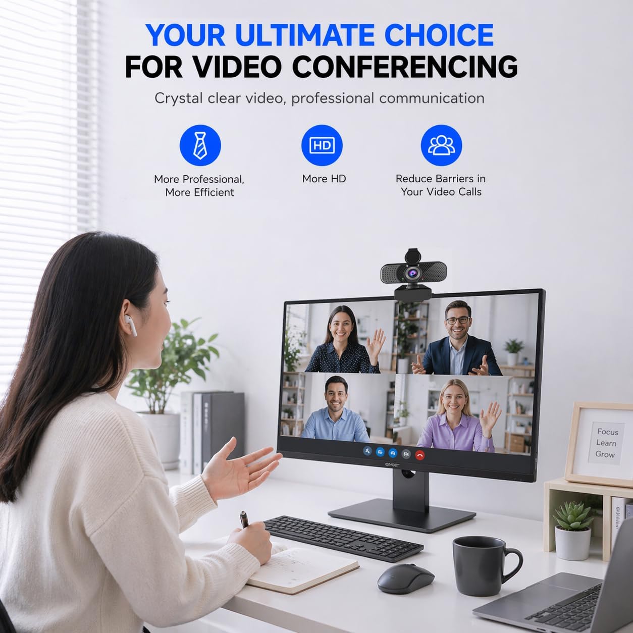C26 1080P Webcam with Microphone USB Computer Camera USB-A-USB-C Adapter | 105° FOV Noise-Reducing Mic, Auto Light Correction, Privacy Cover & Tripod, Plug&Play for PC/Mac/Laptop, Zoom/Teams/Streaming