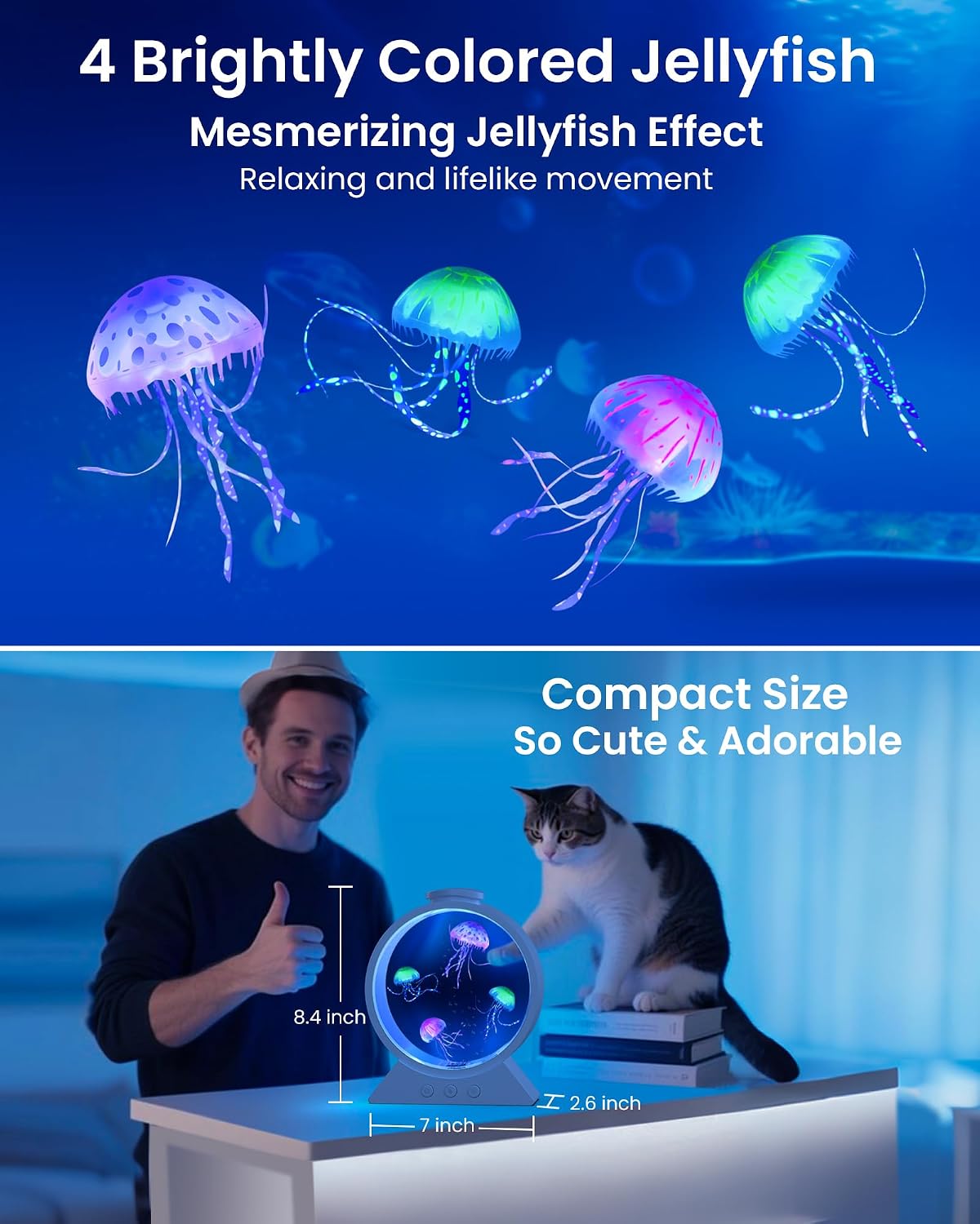 Jellyfish Lamp for Sleep Anxiety Calming Night Light for Bedroom(White) | Whisper-Quiet Sensory | 7 Soft Color Modes | Adjustable Water Flow | 8H Auto-Off Timer | Rounded Tank Lamp Gift for All Ages