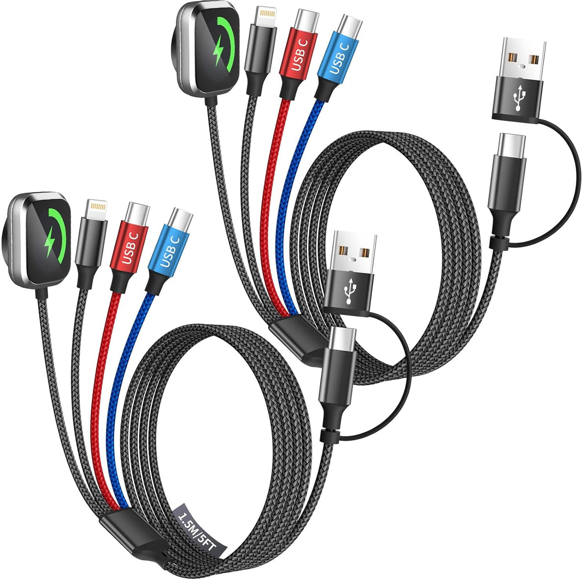 Travel Essentials 4-in-2 Multi Charging Cable for Apple Watch Charger, 5FT | Charging Cords for Multiple Devices with Dual Type-C/IP/iWatch Charger, Travel Cable for iWatch Ultra/11-2, iPhone17-8