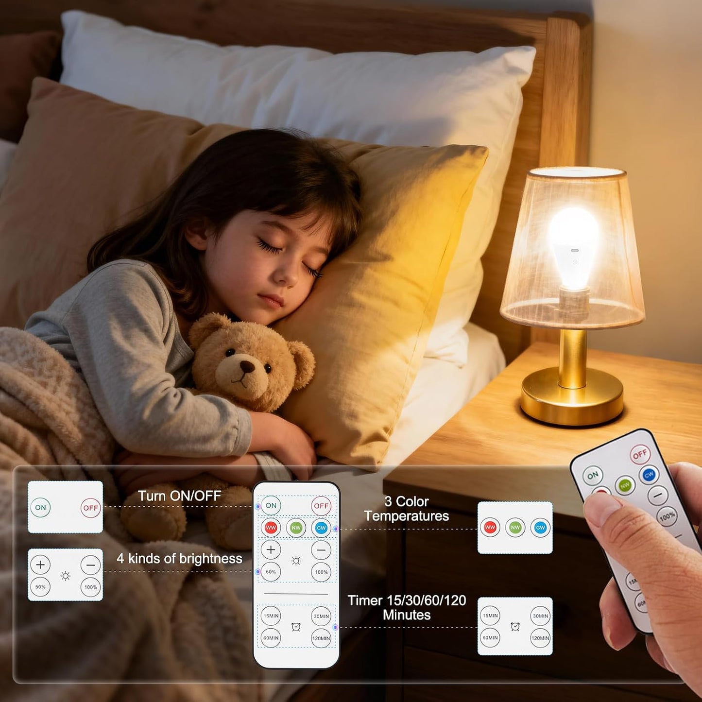Powfloven E26 Rechargeable Light Bulbs with Remote and USB Charging, 1 Pack | Dimmable Battery Operated Light Bulb, 3 Color Temperatures, 4 Timer, A19 Wireless Light Bulbs for Wall Sconces, Not-Hardwired