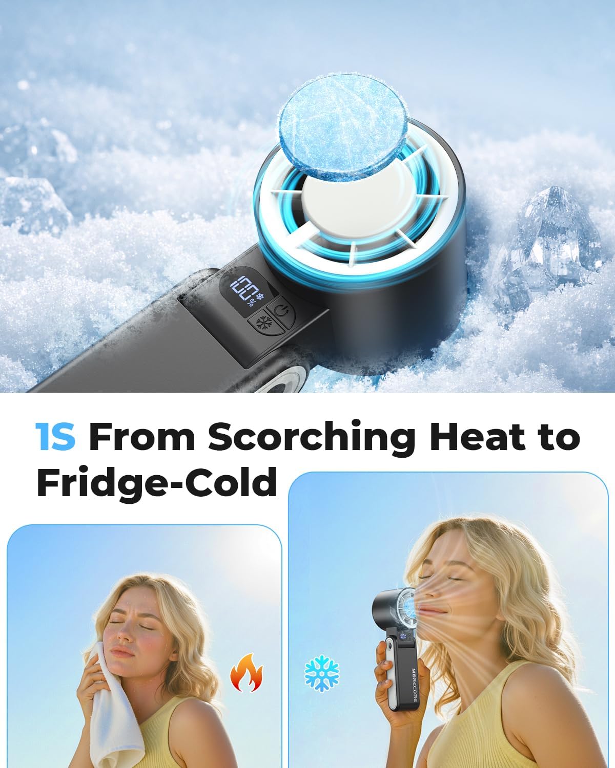 MORECORE Portable Handheld Fan with Ice Cooler, [Instant Chill to 50℉], Gifts for Men Mom Women Grandma Girl Her Hot Flash, 5000mAh Portable Cooling Fan, Camping/Cruise/Travel Essentials 2026
