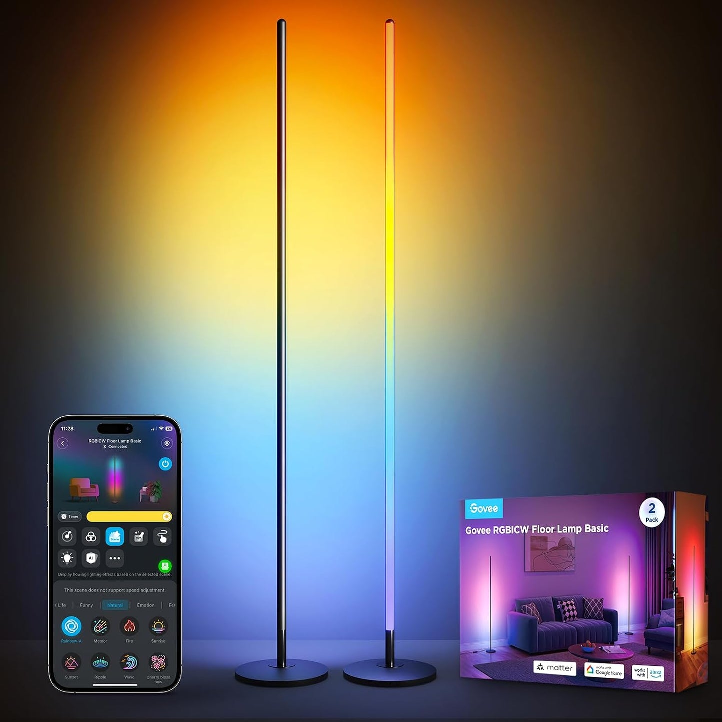 Govee RGBIC Floor Lamp Basic 2-Pack, Standing Lamp for Bedroom Living Room | Compatible with Matter and Alexa, 1000lm LED Modern Smart Corner Lamp with APP Control, Color Changing and Music Sync, Black
