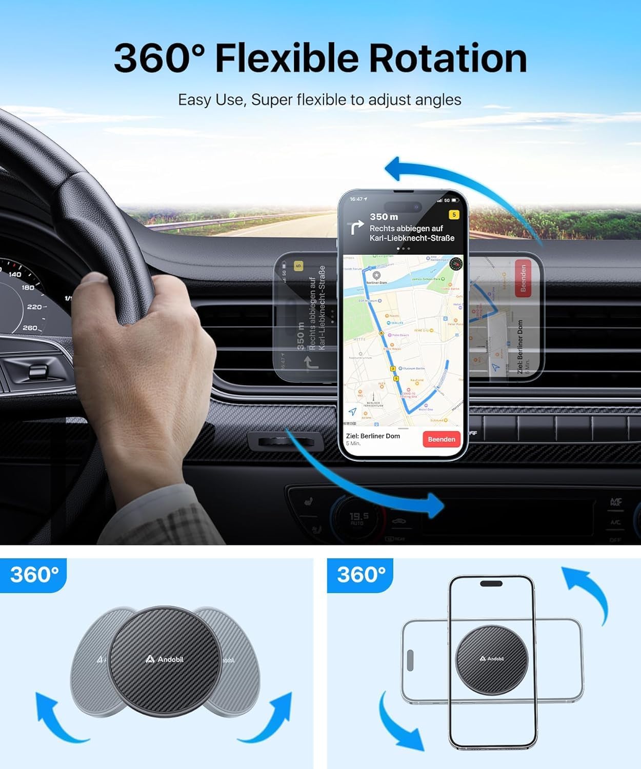 andobil for MagSafe Car Mount, Magnetic Air Vent Phone Mount, Black | 20XN55 Upgraded Strongest Magnet, Military-Grade Metal Clip, 360° Rotation, Carbon Fiber, for iPhone 16 / 15 / 14 / 13 Series