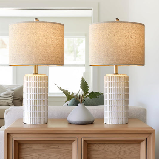 PoKat 23" Modern Ceramic Table Lamp Set of 2 for Living Room Bedroom, White | Nightstand Lamps for Bedside, farmhouse end table & desk light, ideal housewarming gift, new home decor for women mom
