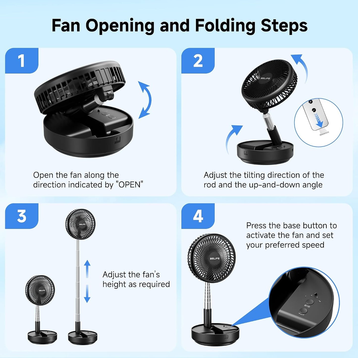 Belife X8 Portable Oscillating Camping Fan for Travel | 7200mAh Rechargeable Battery Powered Fans, USB Desk Fan with Remote, Foldable Cordless Floor Fan for Bedroom, 7.7"