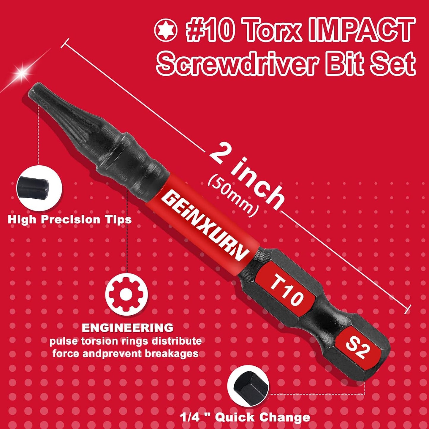 30 Pieces T10 Impact Tough Magnetic Screwdriver Bit Set, 2 In. #10 Torx Head Power Bit Set, S2 Alloy Steel T10 Star Bit Set