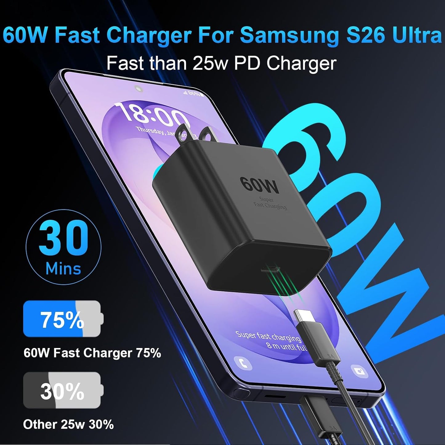 60W Super Fast Charger USB C, Type C Charger Fast Charging Android Phone Charger Block with 10FT USB C Chargers Fast Charging Cable Cord for Samsung Galaxy S26 Ultra/S26+/S26/S25Ultra/S25/S24-Black