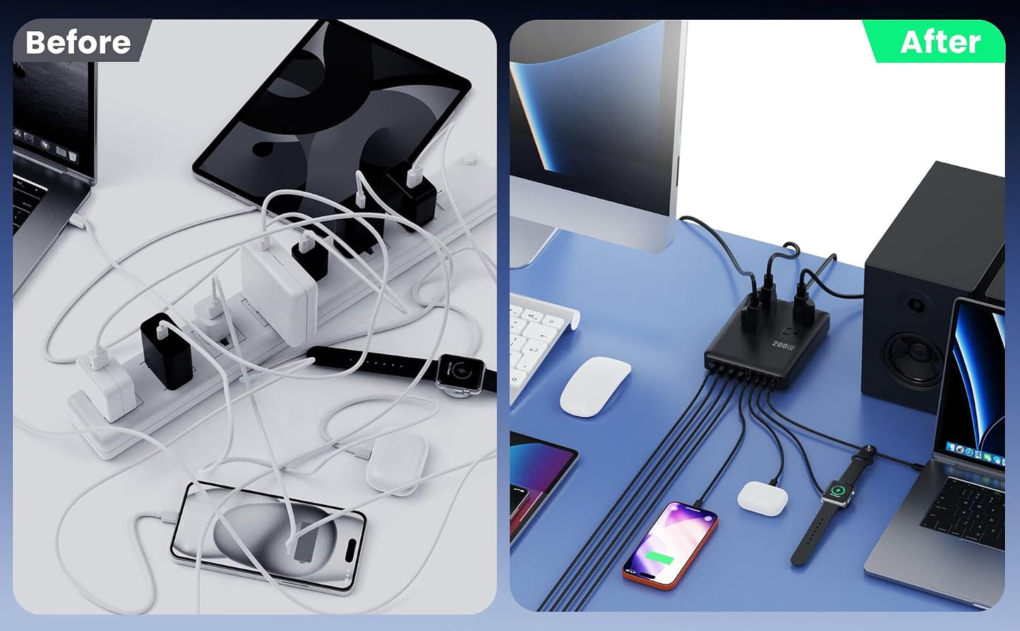 200W Charging Station,12-in-1 USB C Power Strip with Flat Plug and 5ft Extension Cord,4 AC Outlets,4 USB-A,4 USB-C Ports for iPhone 17/16/15,65W PD Fast Laptop Charger for MacBook, Home, Office, Dorm
