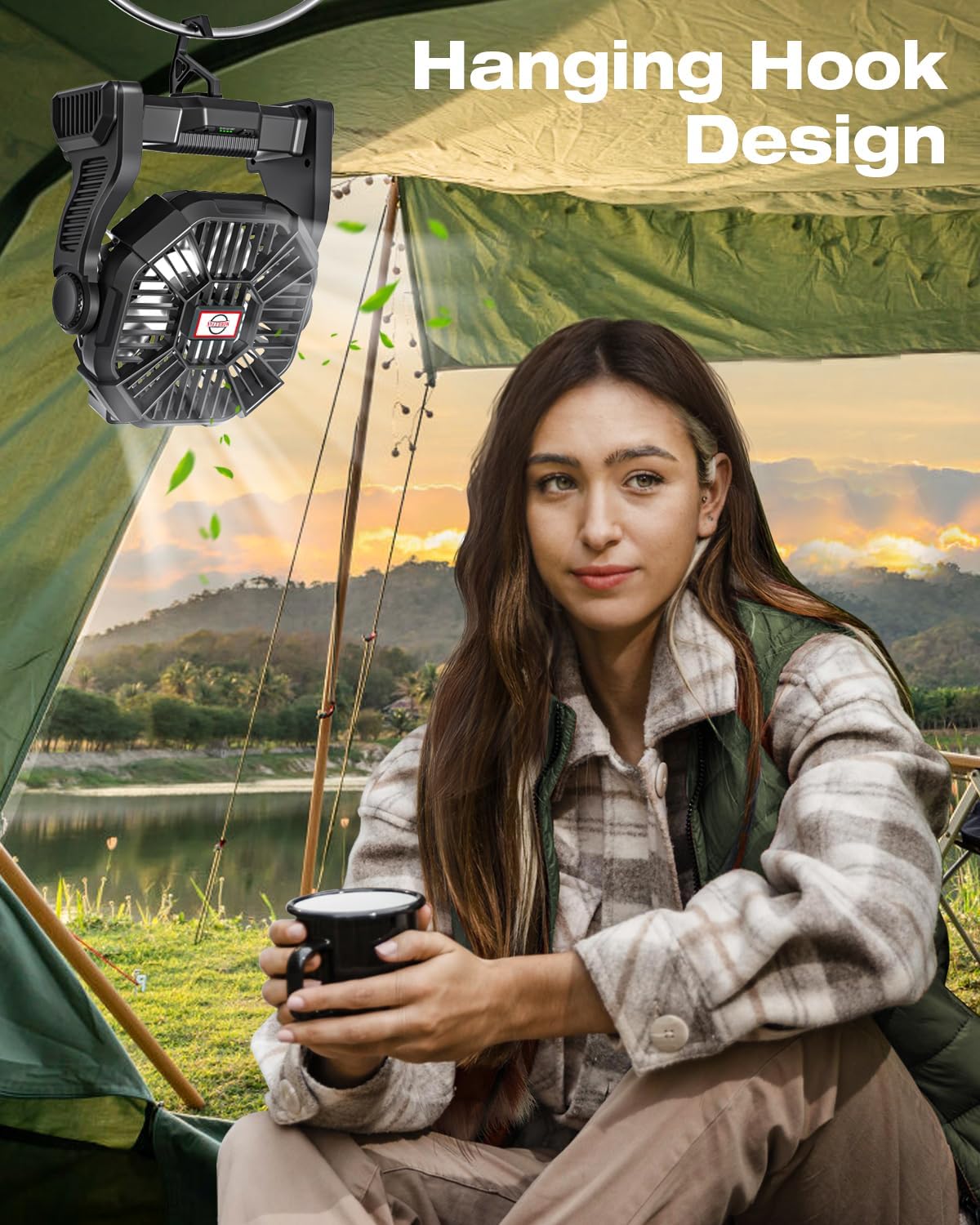 AEscod Portable Camping Fan, Rechargeable Battery Operated with LED Lights, Hanging Hook, 270°Rotation, 20000mAh Battery Powered Fan for Beach, Office, Picnic, Fishing, Travel, Tent