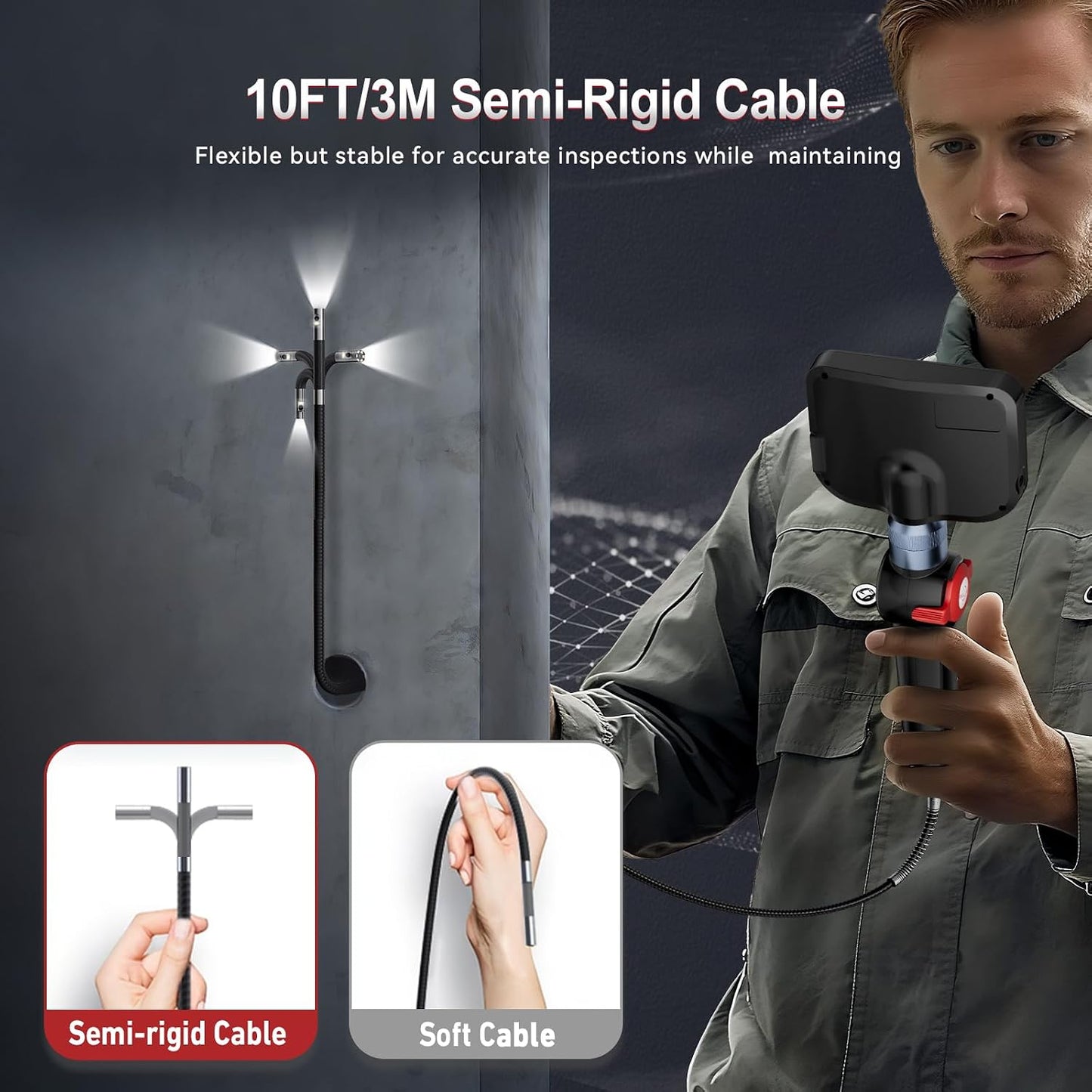 Dual Lens Articulating Borescope Camera with Light, Slim Probe | 5" HD Two-Way Articulated Endoscope Inspection Camera for Automotive, HVAC, Pipes, Wall 8.5mm-10FT Semi-Rigid Cable